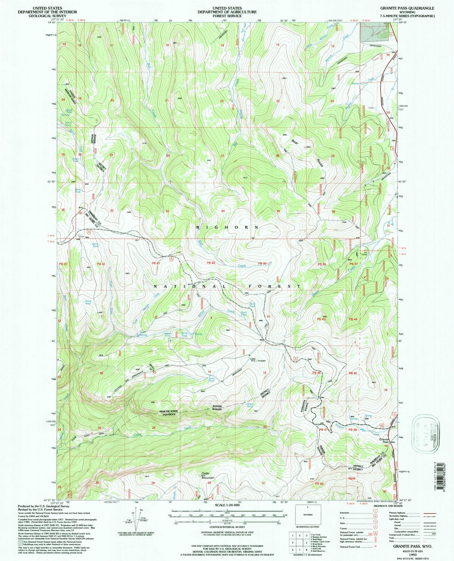 Classic USGS Granite Pass Wyoming 7.5'x7.5' Topo Map Image