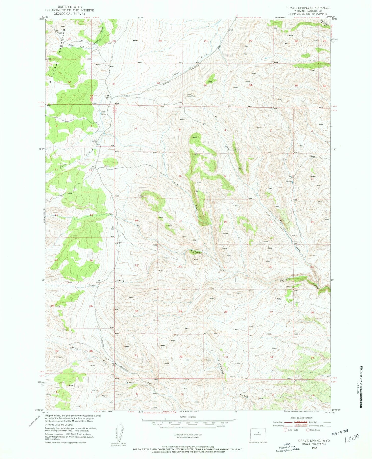 Classic USGS Grave Spring Wyoming 7.5'x7.5' Topo Map Image