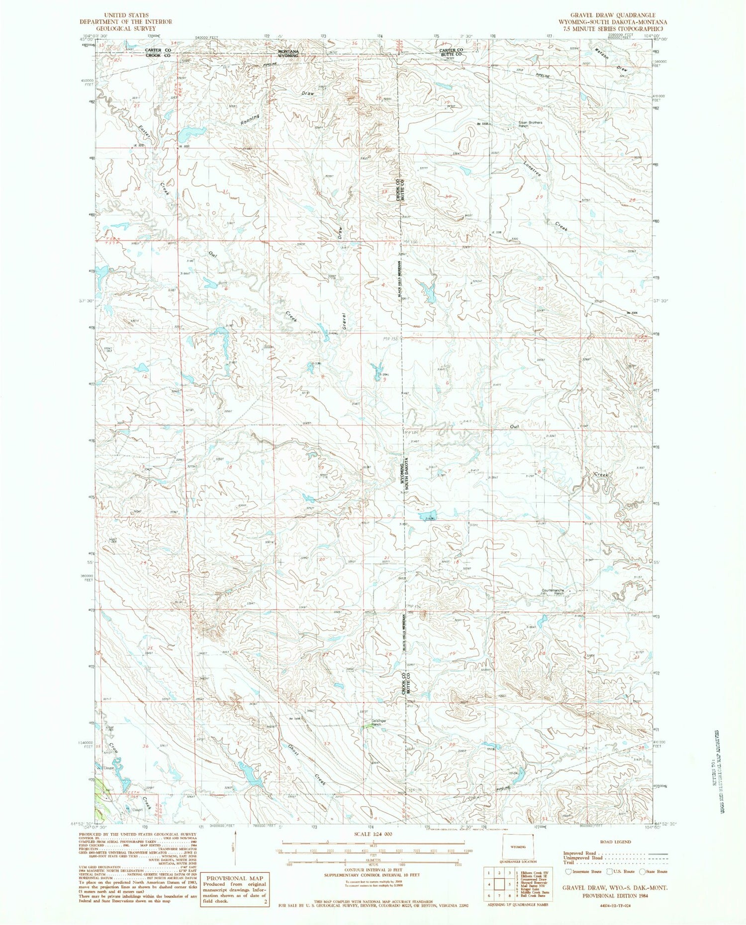 Classic USGS Gravel Draw Wyoming 7.5'x7.5' Topo Map Image