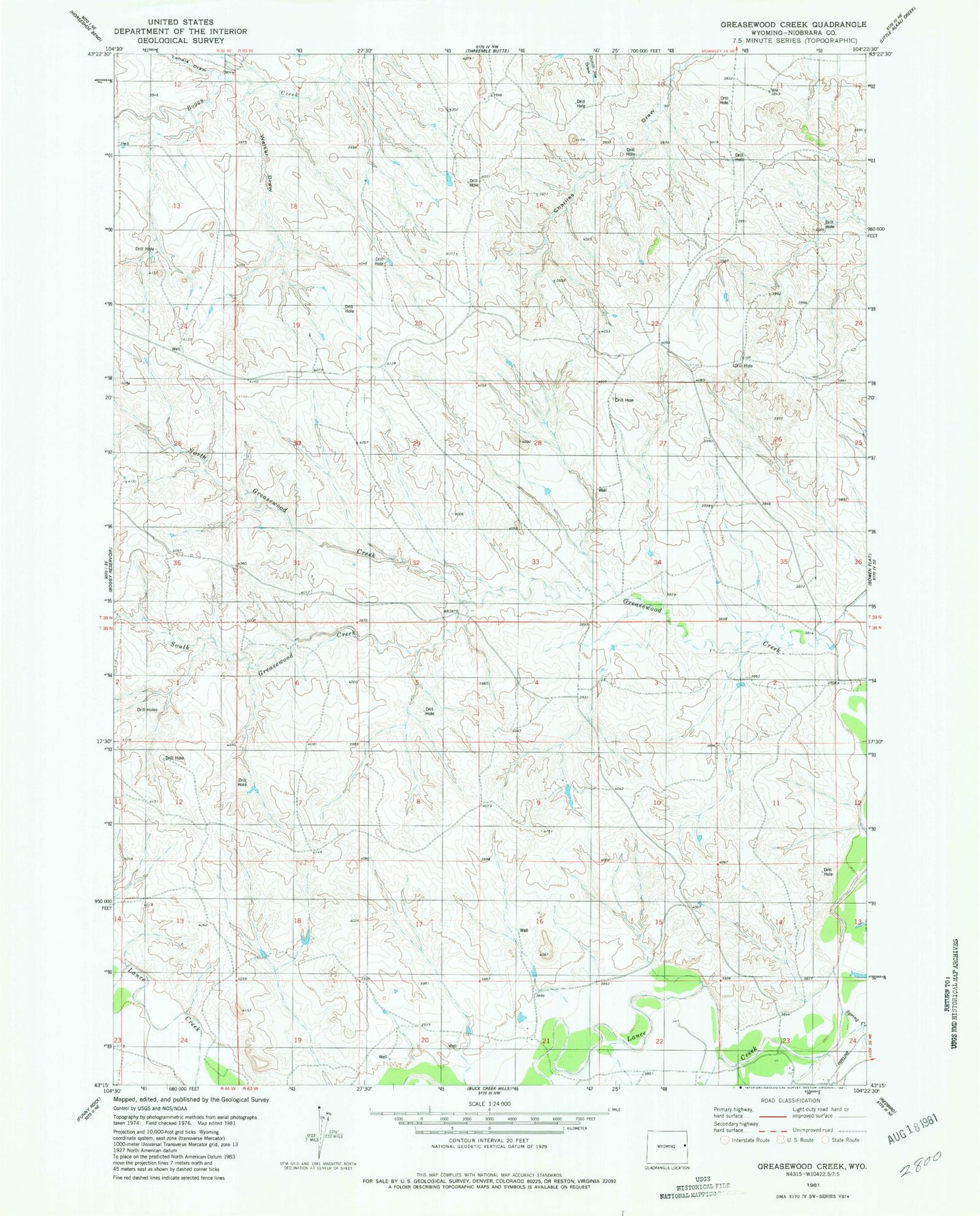 Classic USGS Greasewood Creek Wyoming 7.5'x7.5' Topo Map Image