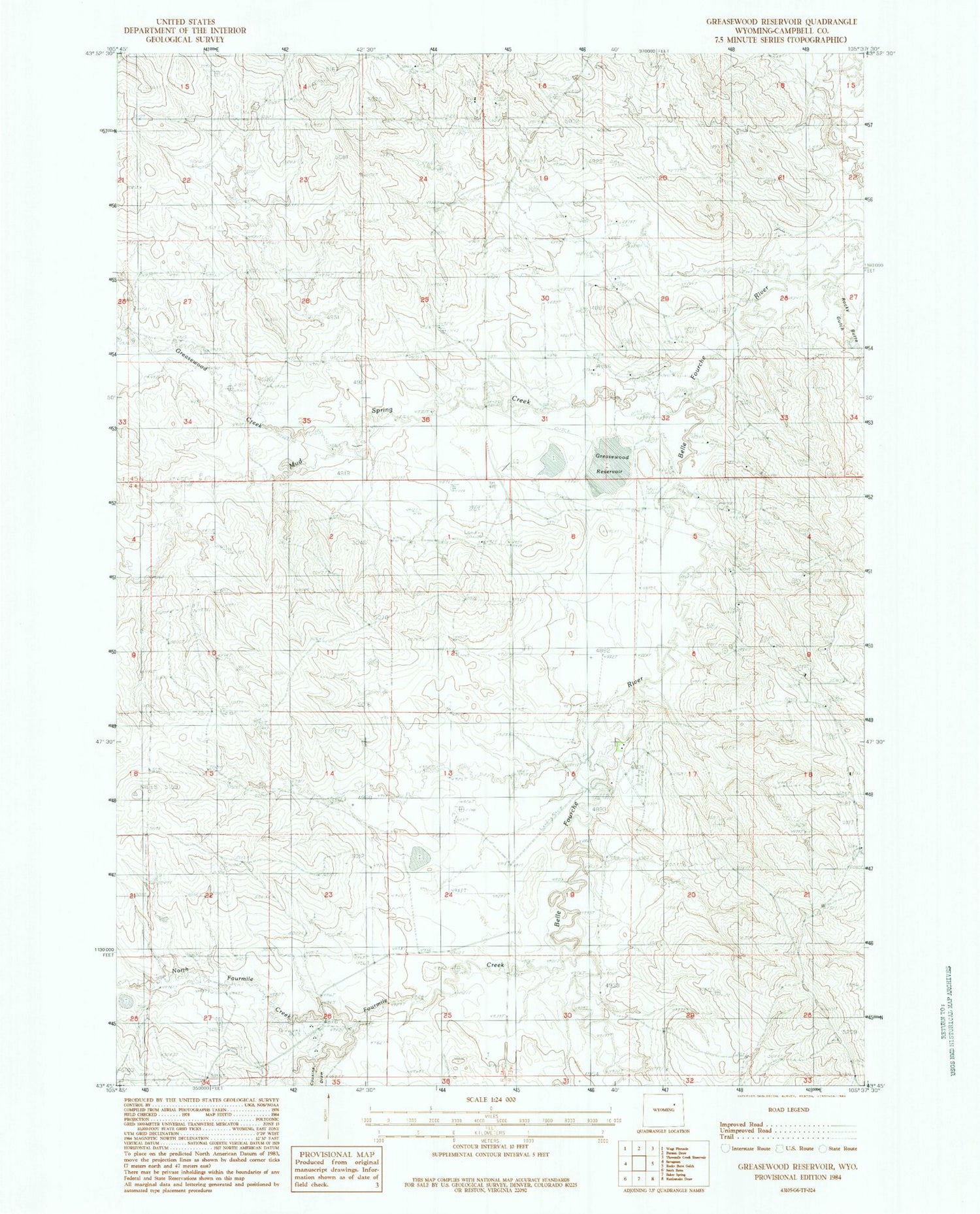 Classic USGS Greasewood Reservoir Wyoming 7.5'x7.5' Topo Map Image