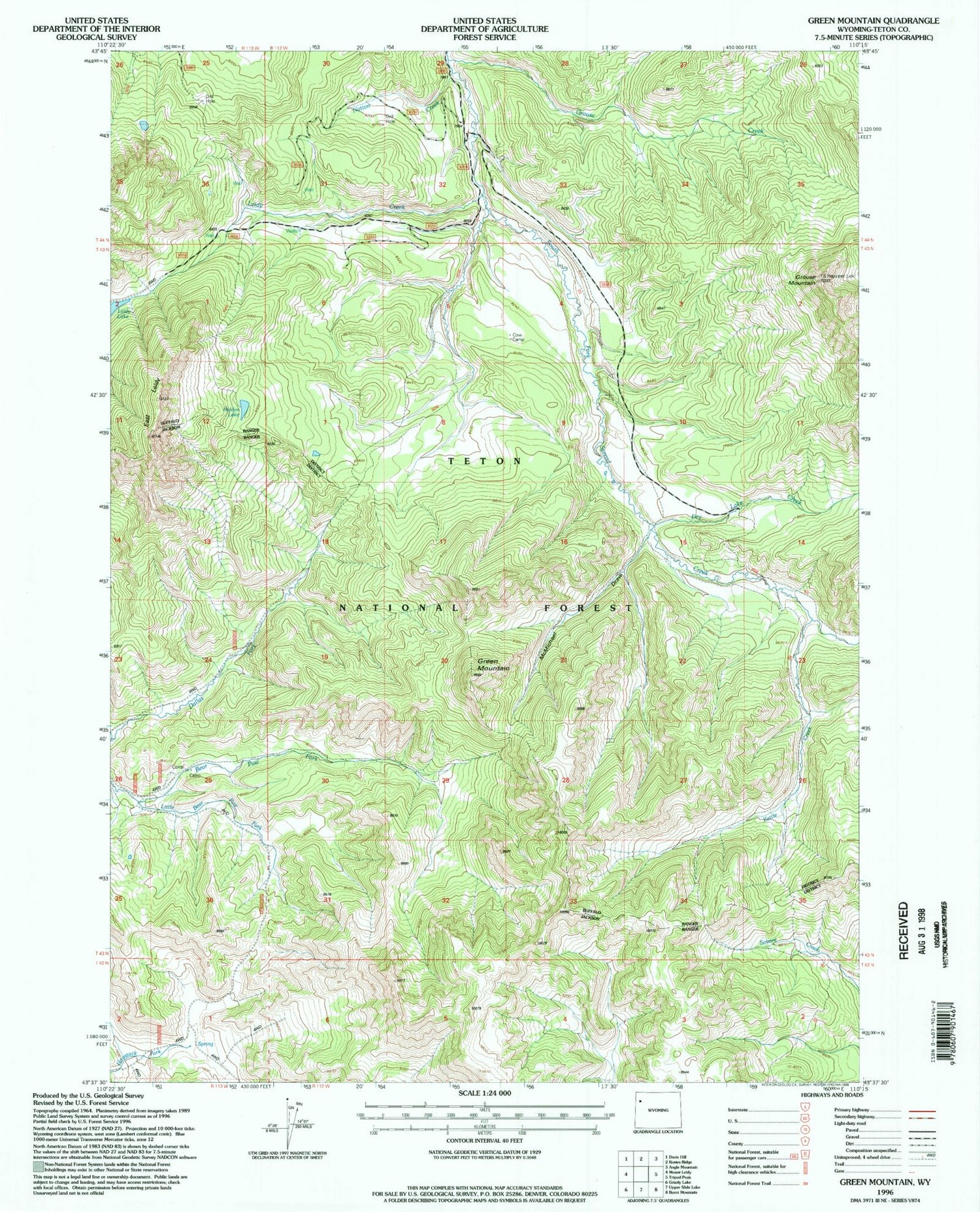 Classic USGS Green Mountain Wyoming 7.5'x7.5' Topo Map Image