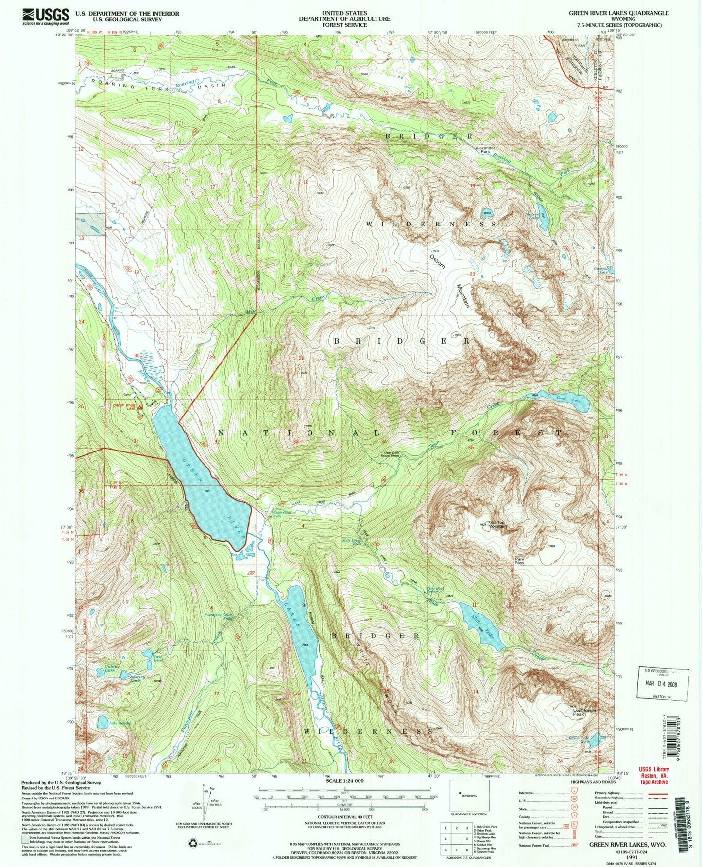 USGS Classic Green River Lakes Wyoming 7.5'x7.5' Topo Map Image