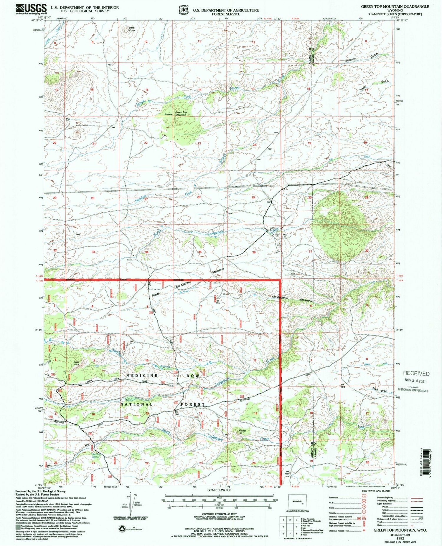 Classic USGS Green Top Mountain Wyoming 7.5'x7.5' Topo Map Image