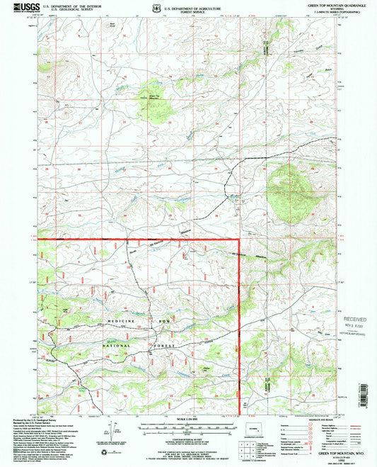 Classic USGS Green Top Mountain Wyoming 7.5'x7.5' Topo Map Image