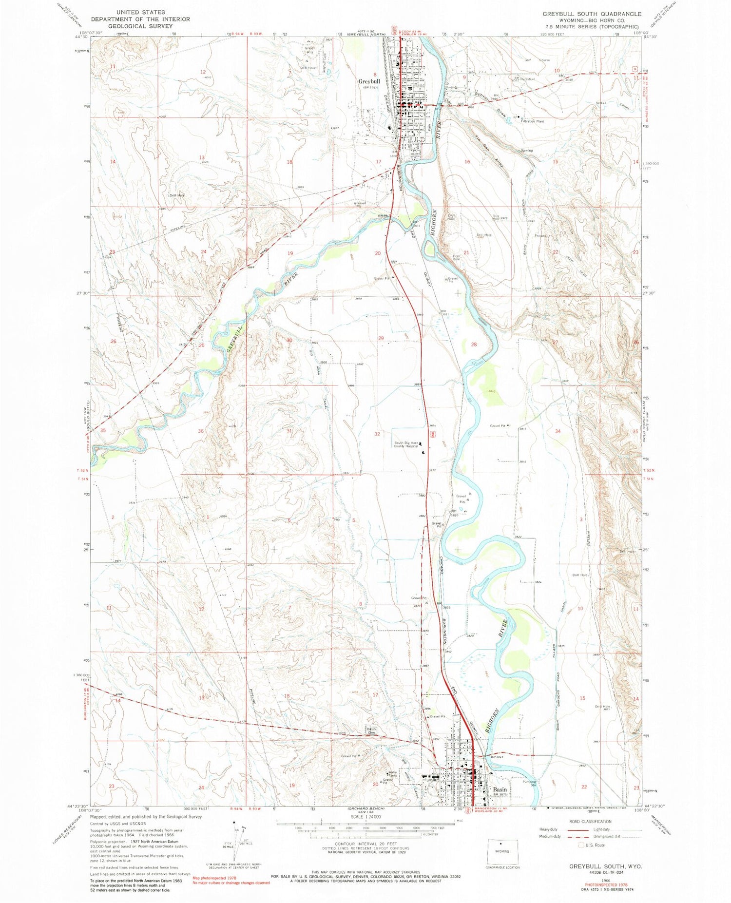 Classic USGS Greybull South Wyoming 7.5'x7.5' Topo Map Image