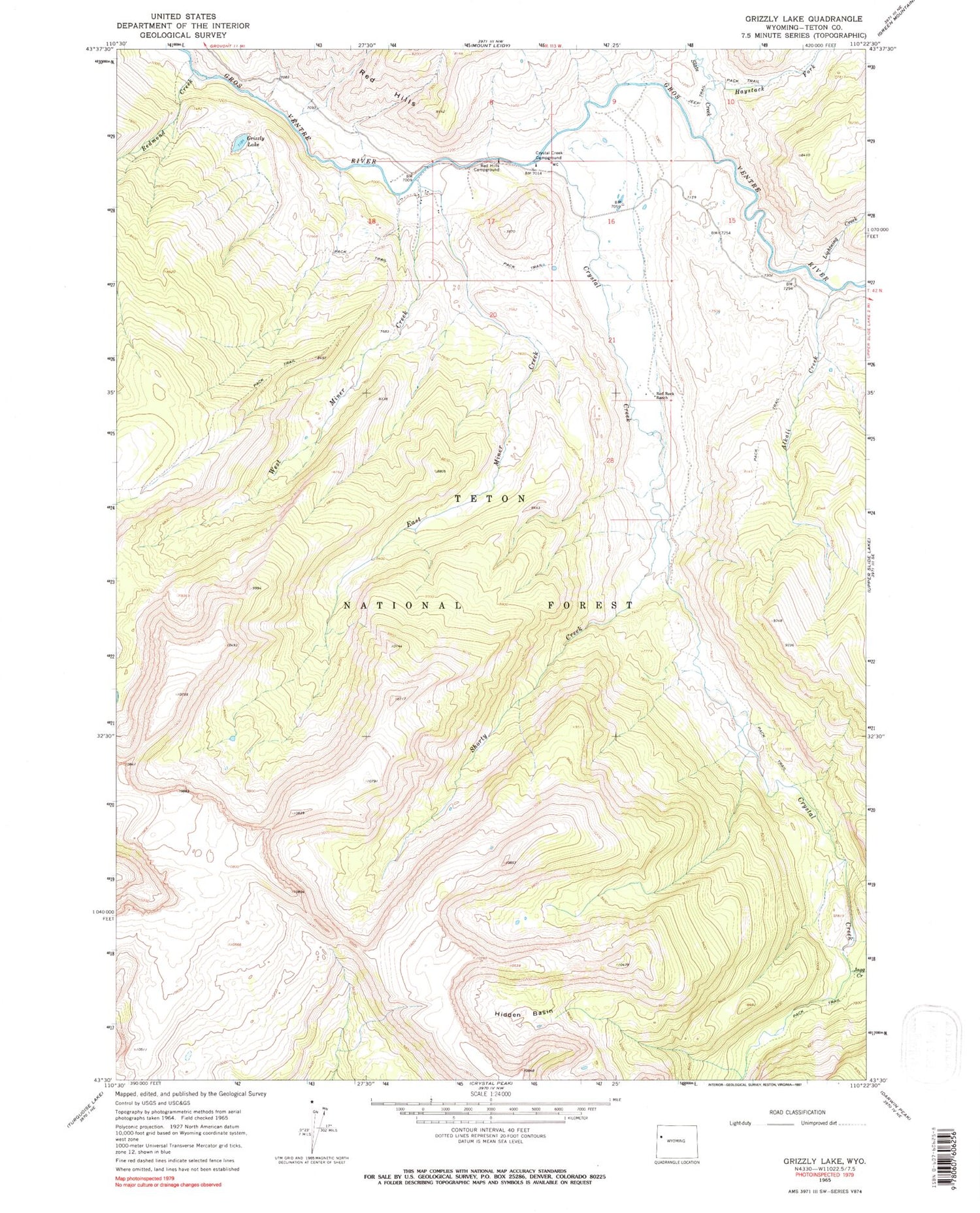 Classic USGS Grizzly Lake Wyoming 7.5'x7.5' Topo Map Image