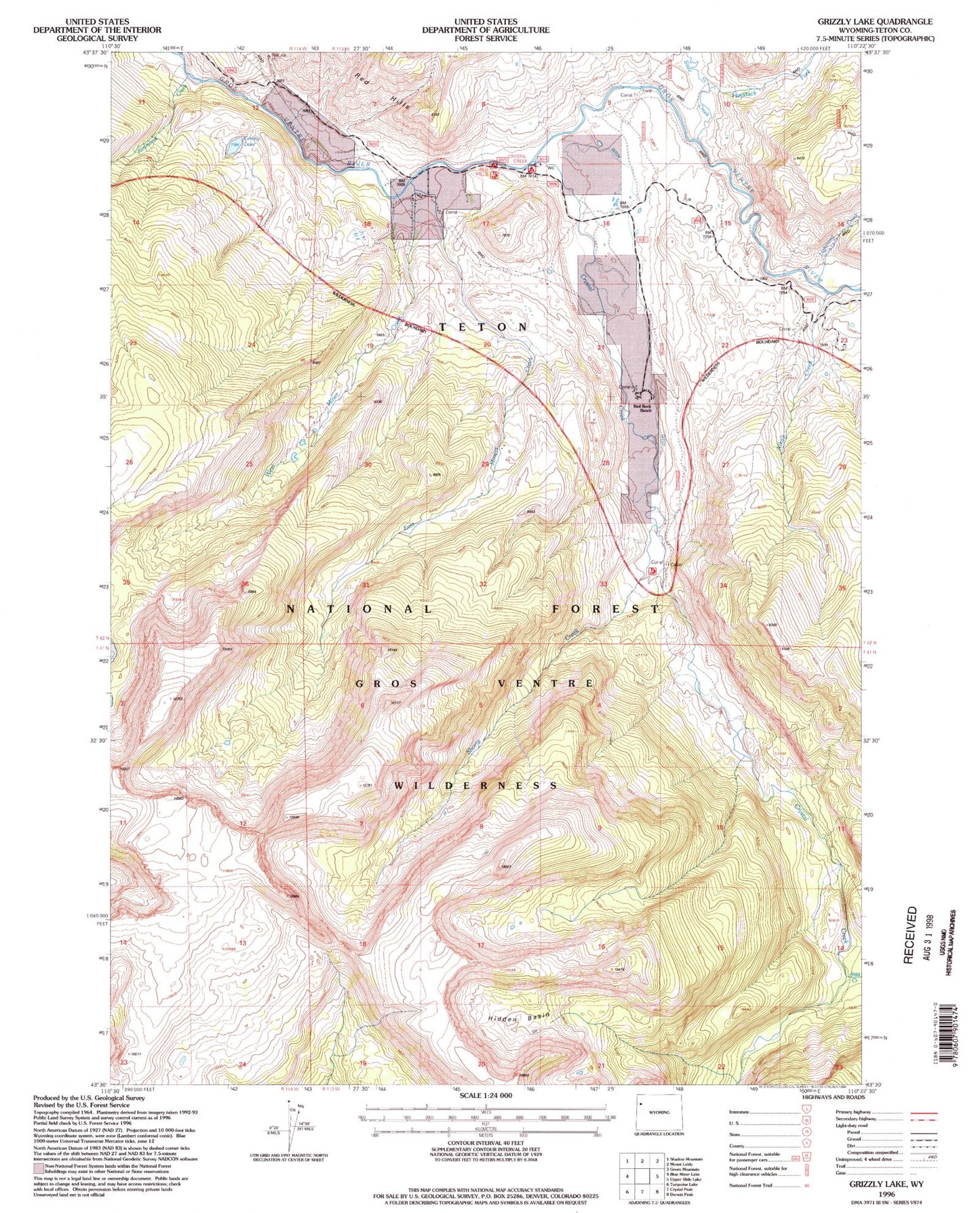 Classic USGS Grizzly Lake Wyoming 7.5'x7.5' Topo Map Image