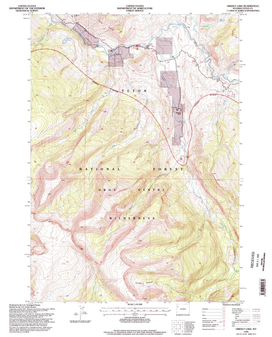 Classic USGS Grizzly Lake Wyoming 7.5'x7.5' Topo Map Image