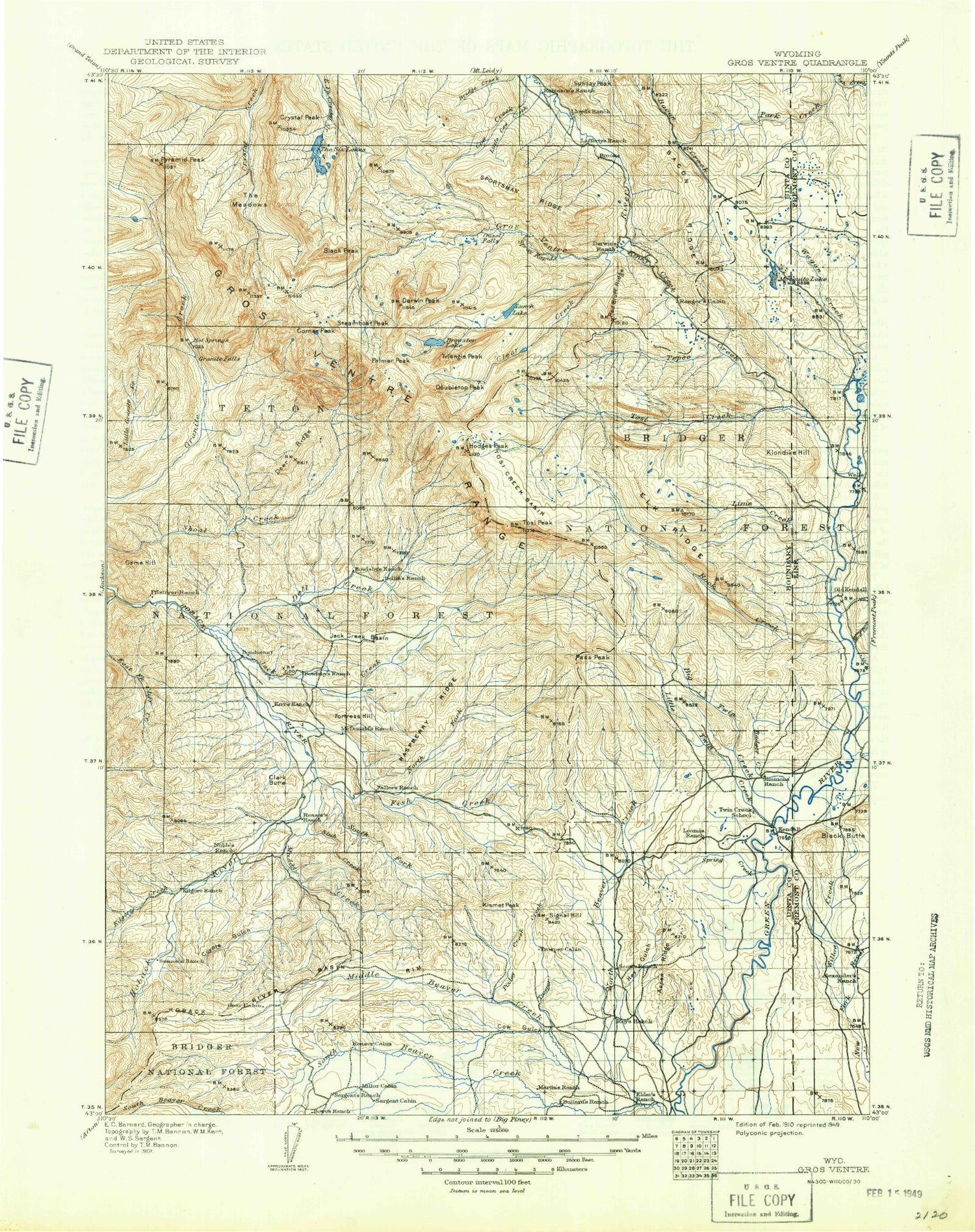 Historic 1910 Gros Ventre Wyoming 30'x30' Topo Map Image
