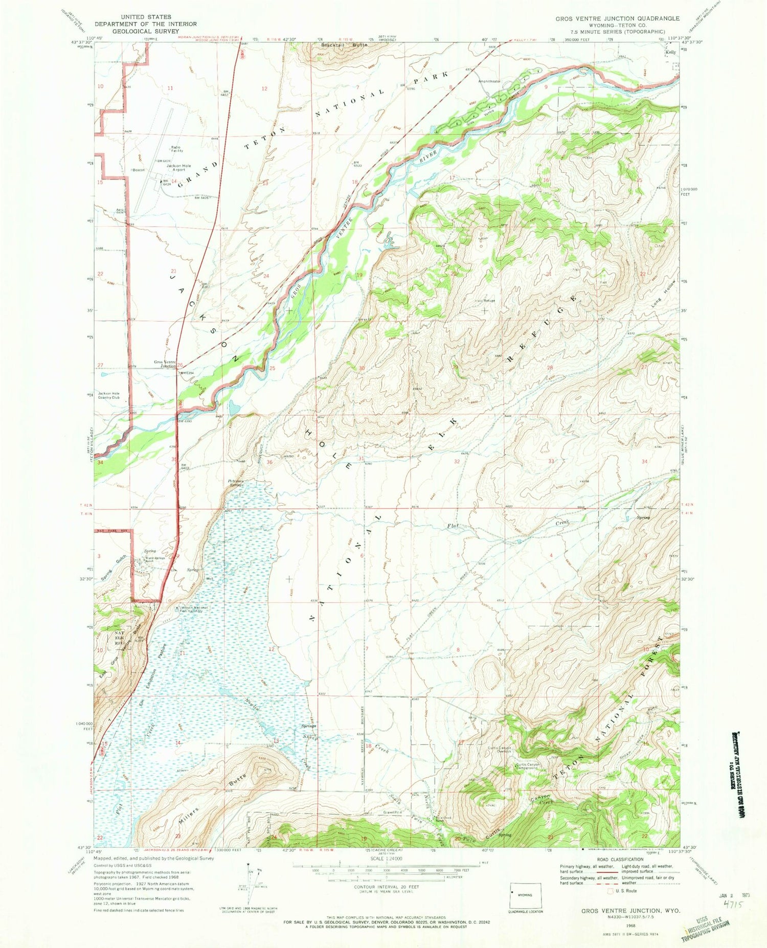 Classic USGS Gros Ventre Junction Wyoming 7.5'x7.5' Topo Map Image