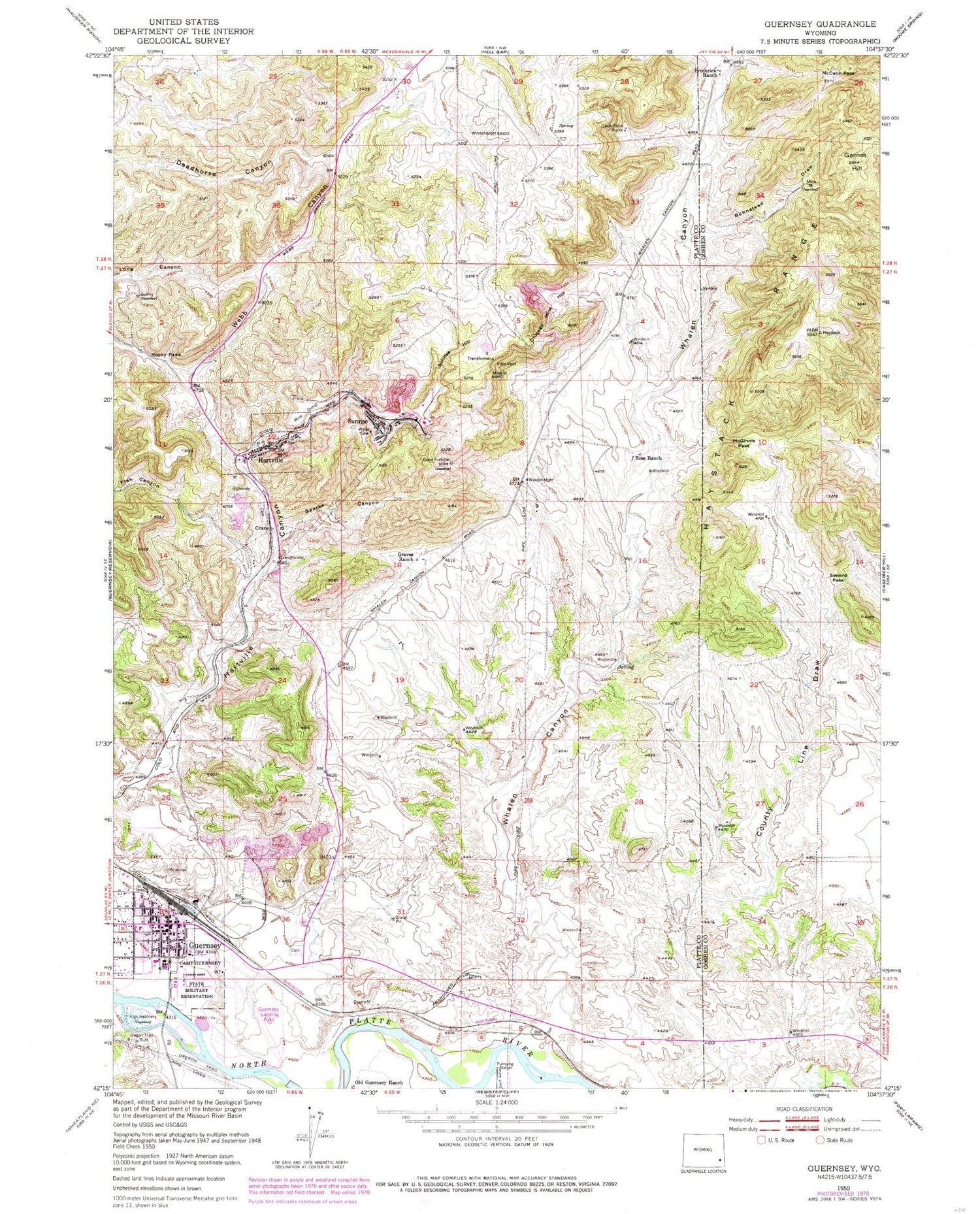 Classic USGS Guernsey Wyoming 7.5'x7.5' Topo Map Image