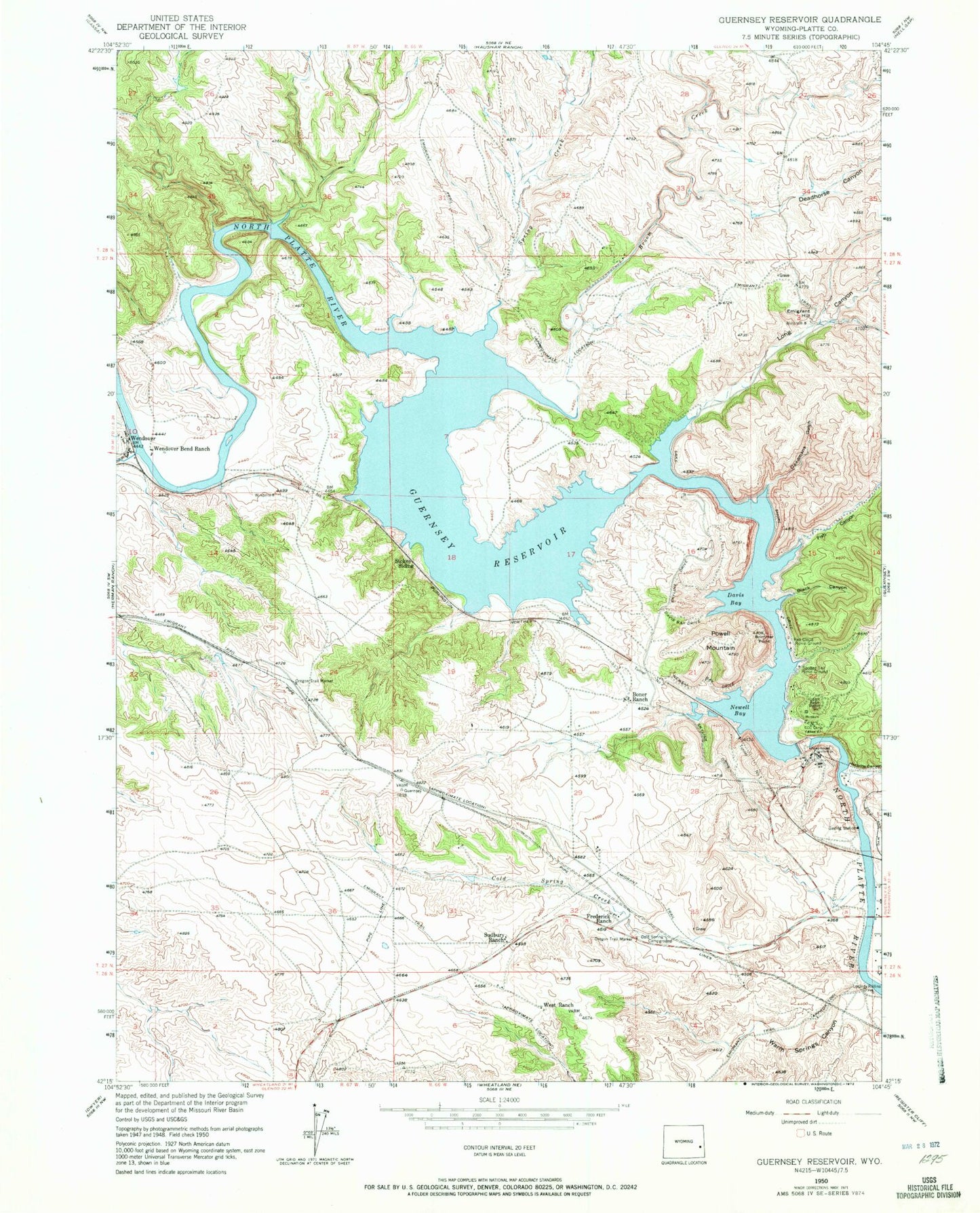 Classic USGS Guernsey Reservoir Wyoming 7.5'x7.5' Topo Map Image