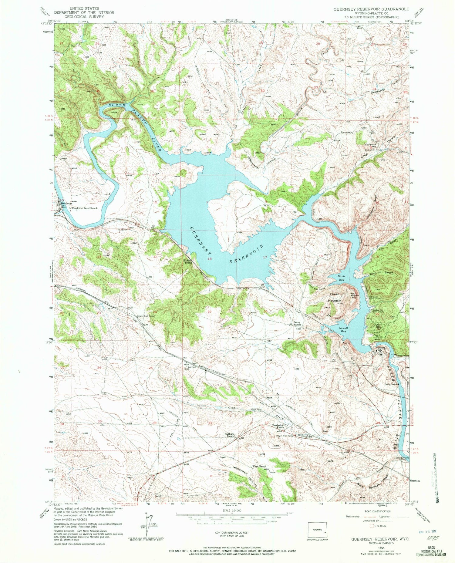 Classic USGS Guernsey Reservoir Wyoming 7.5'x7.5' Topo Map Image