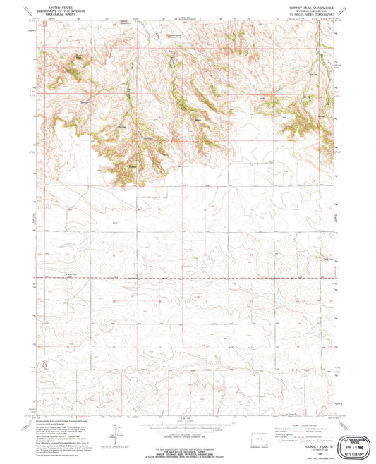 Classic USGS Gurney Peak Wyoming 7.5'x7.5' Topo Map Image