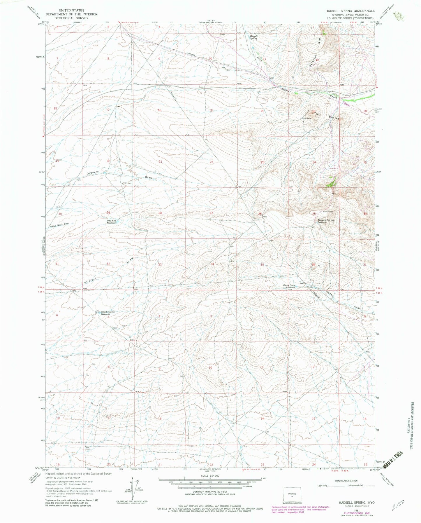 Classic USGS Hadsell Spring Wyoming 7.5'x7.5' Topo Map Image