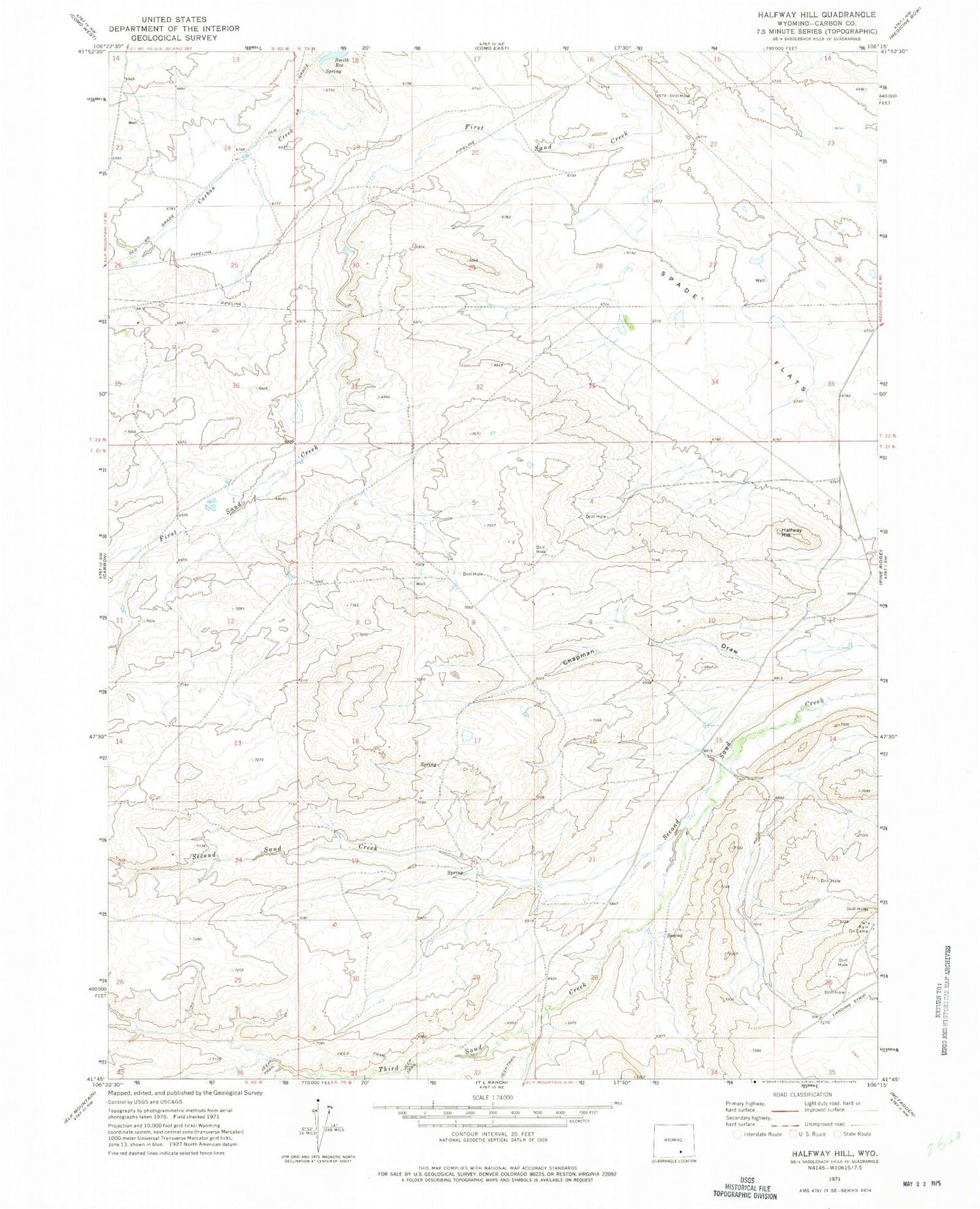 Classic USGS Halfway Hill Wyoming 7.5'x7.5' Topo Map Image