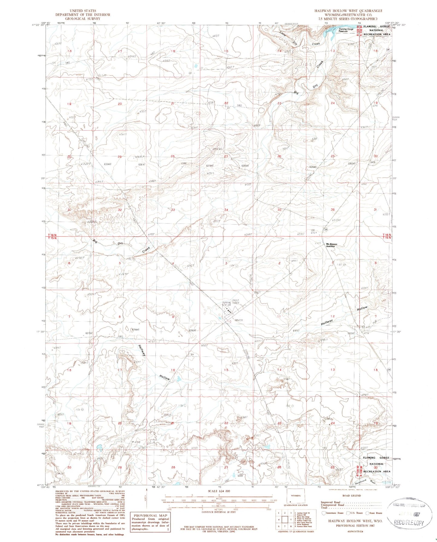 Classic USGS Halfway Hollow West Wyoming 7.5'x7.5' Topo Map Image