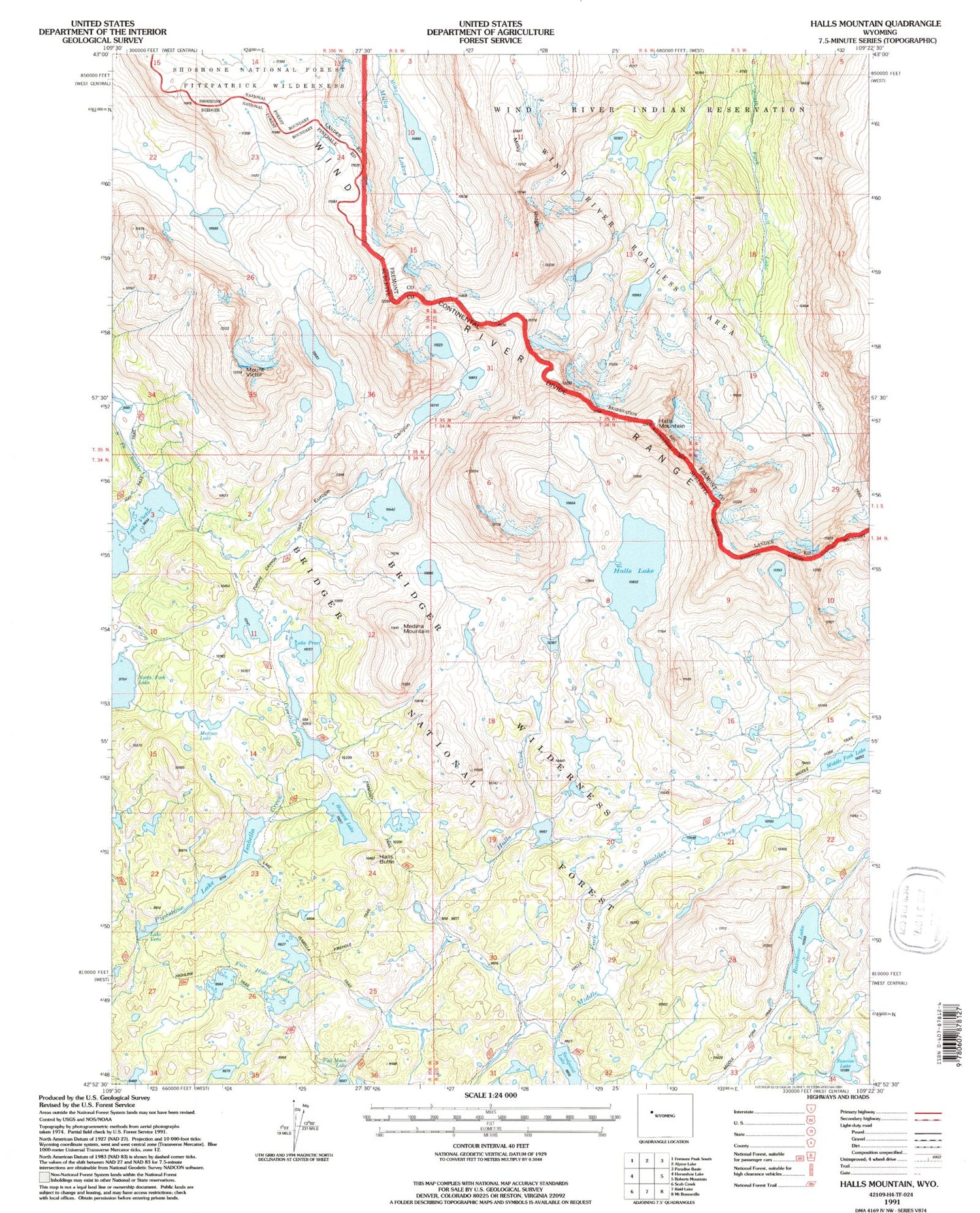 USGS Classic Halls Mountain Wyoming 7.5'x7.5' Topo Map Image