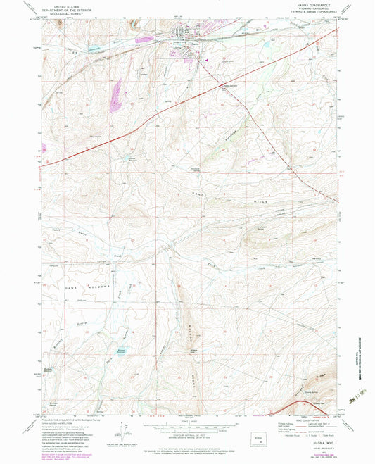 Classic USGS Hanna Wyoming 7.5'x7.5' Topo Map Image