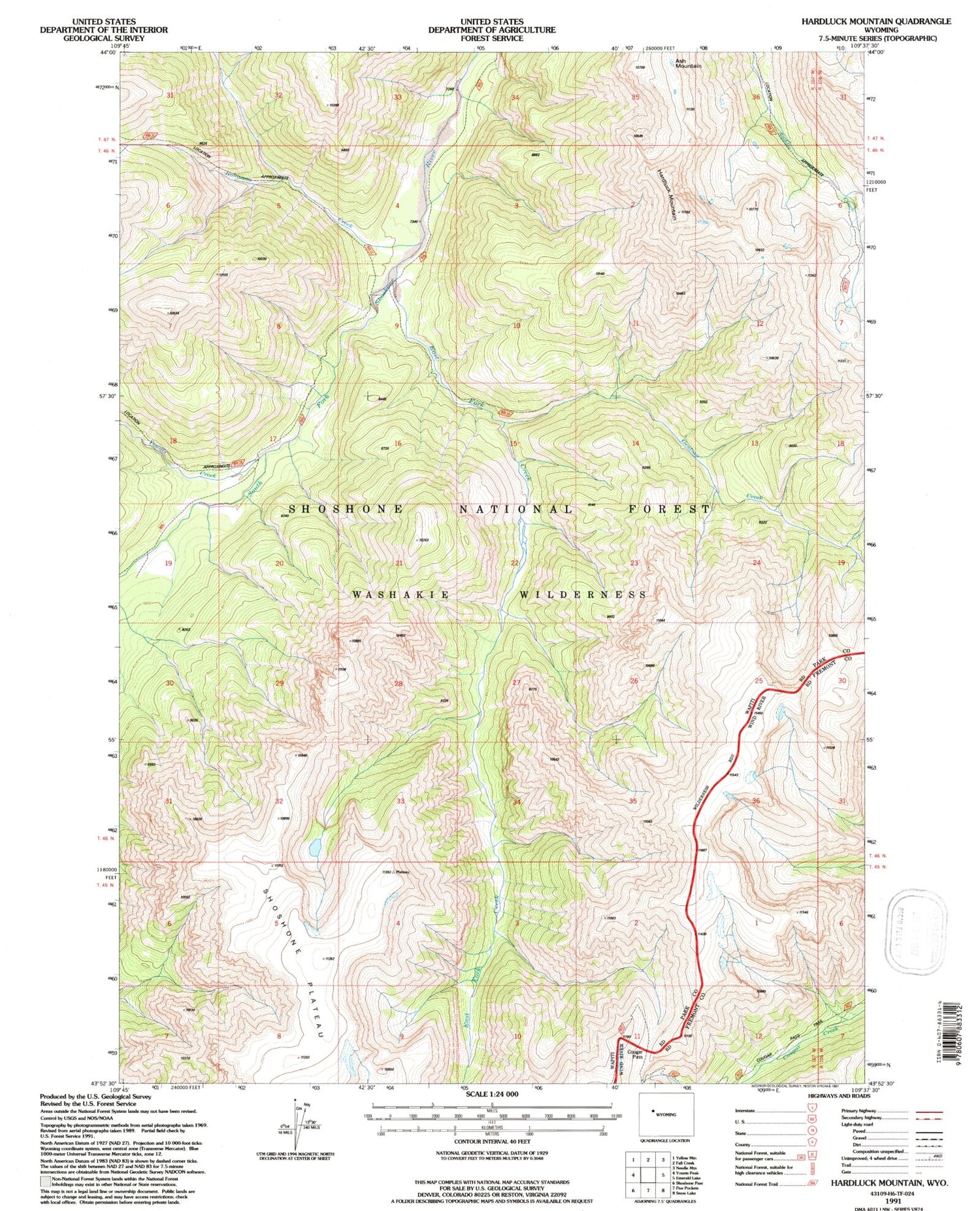 Classic USGS Hardluck Mountain Wyoming 7.5'x7.5' Topo Map Image