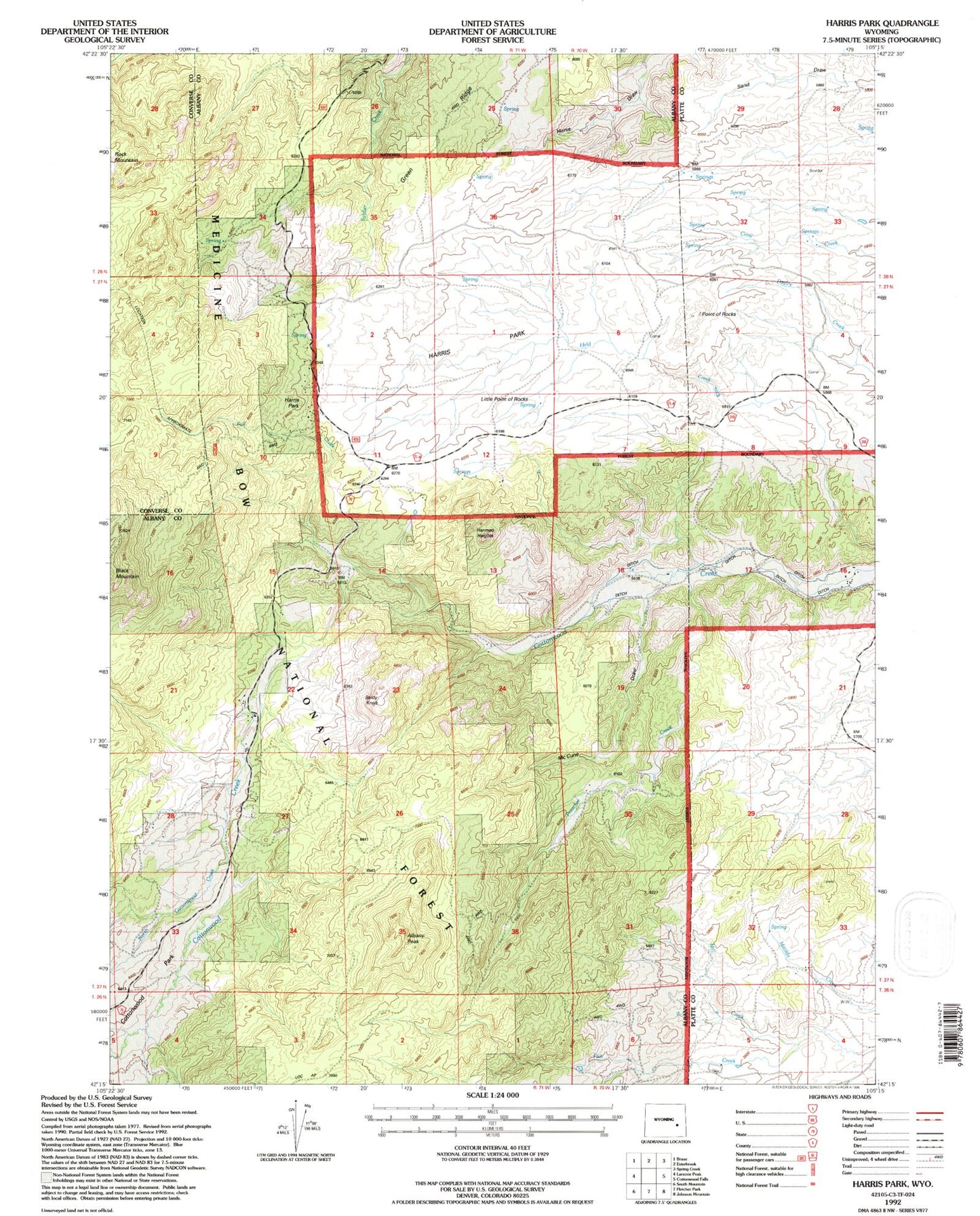 Classic USGS Harris Park Wyoming 7.5'x7.5' Topo Map Image