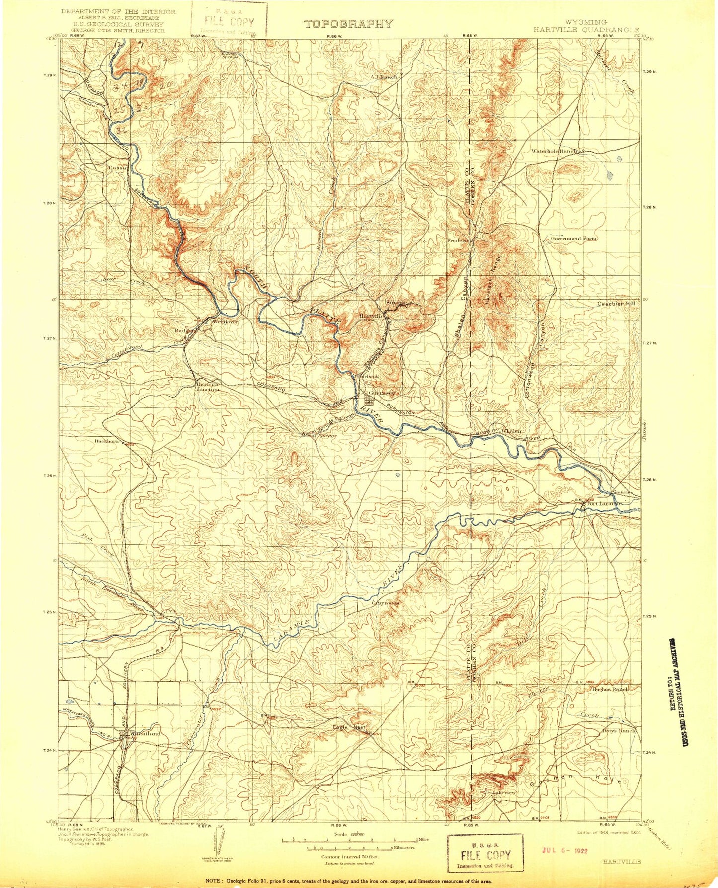 Historic 1901 Hartville Wyoming 30'x30' Topo Map Image