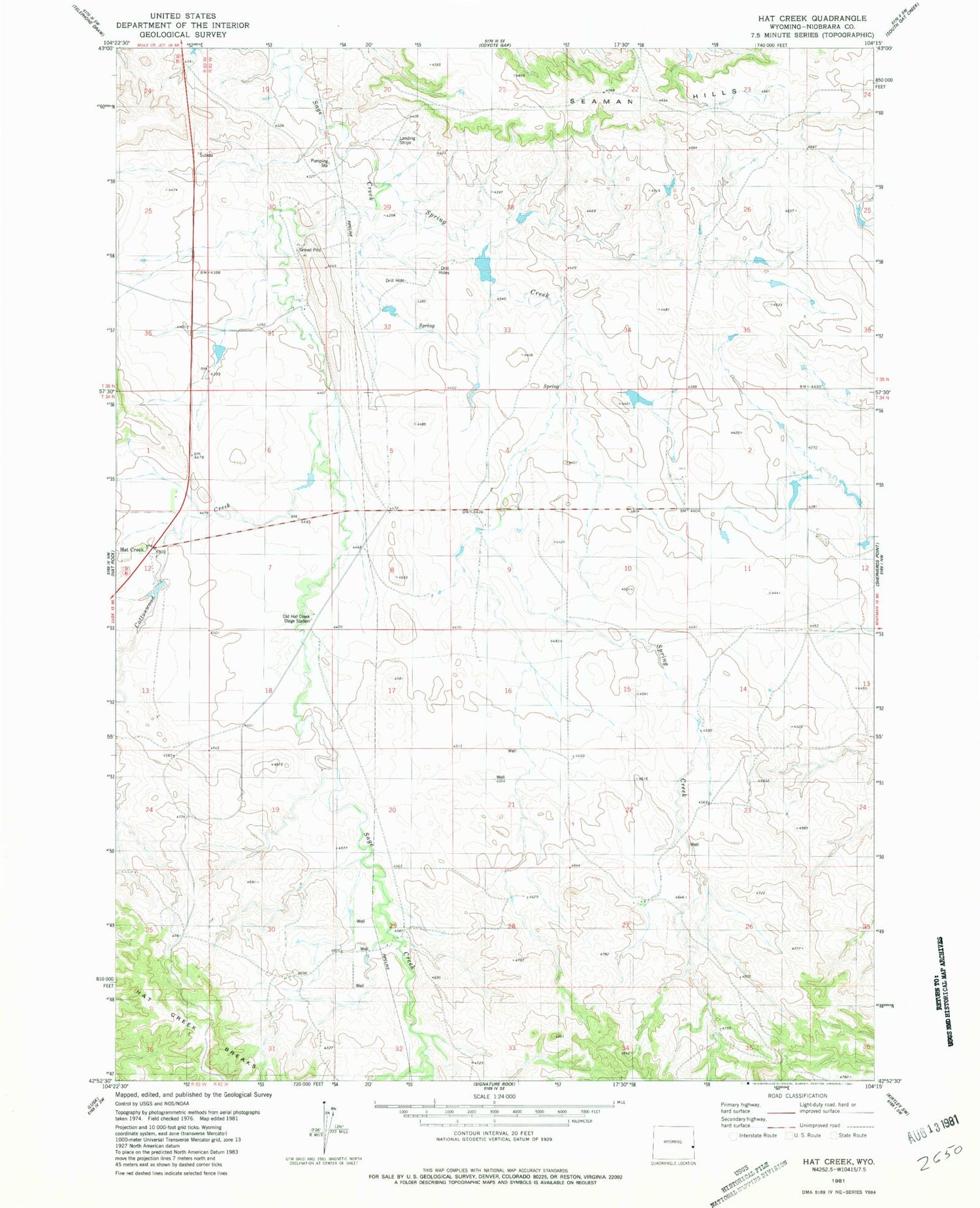 Classic USGS Hat Creek Wyoming 7.5'x7.5' Topo Map Image