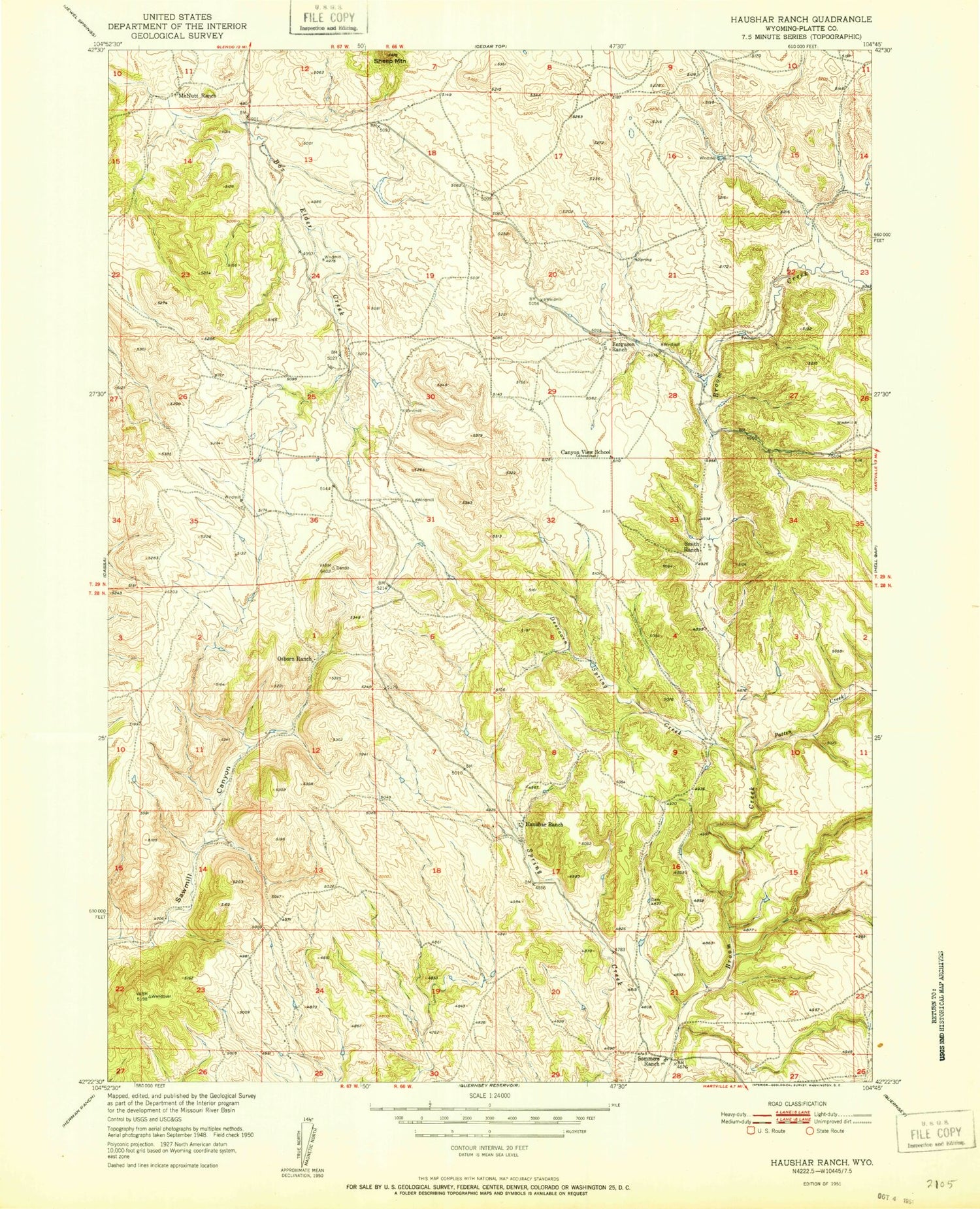 Classic USGS Haushar Ranch Wyoming 7.5'x7.5' Topo Map Image