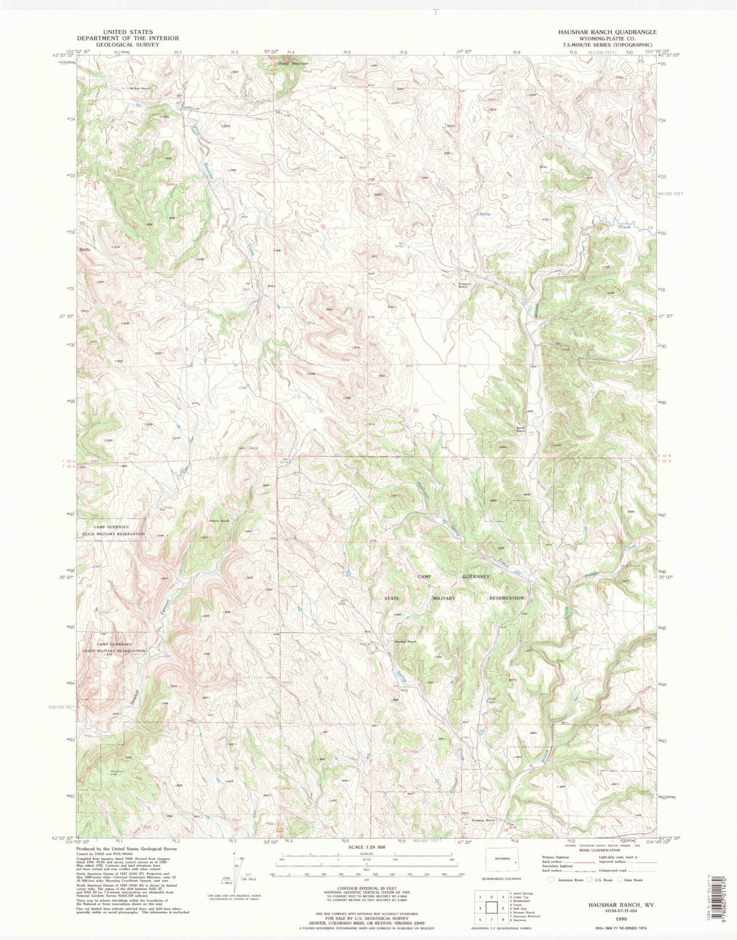 Classic USGS Haushar Ranch Wyoming 7.5'x7.5' Topo Map Image