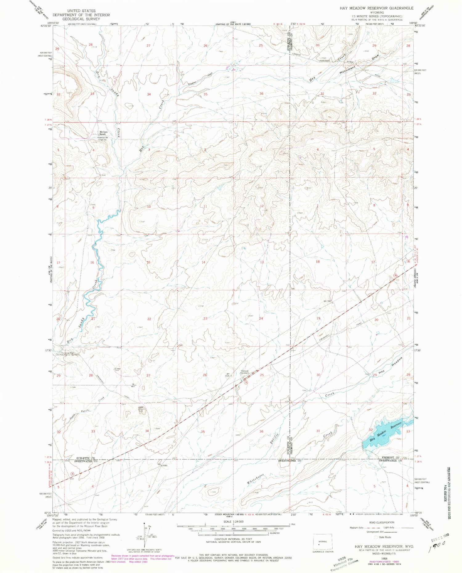 Classic USGS Hay Meadow Reservoir Wyoming 7.5'x7.5' Topo Map Image