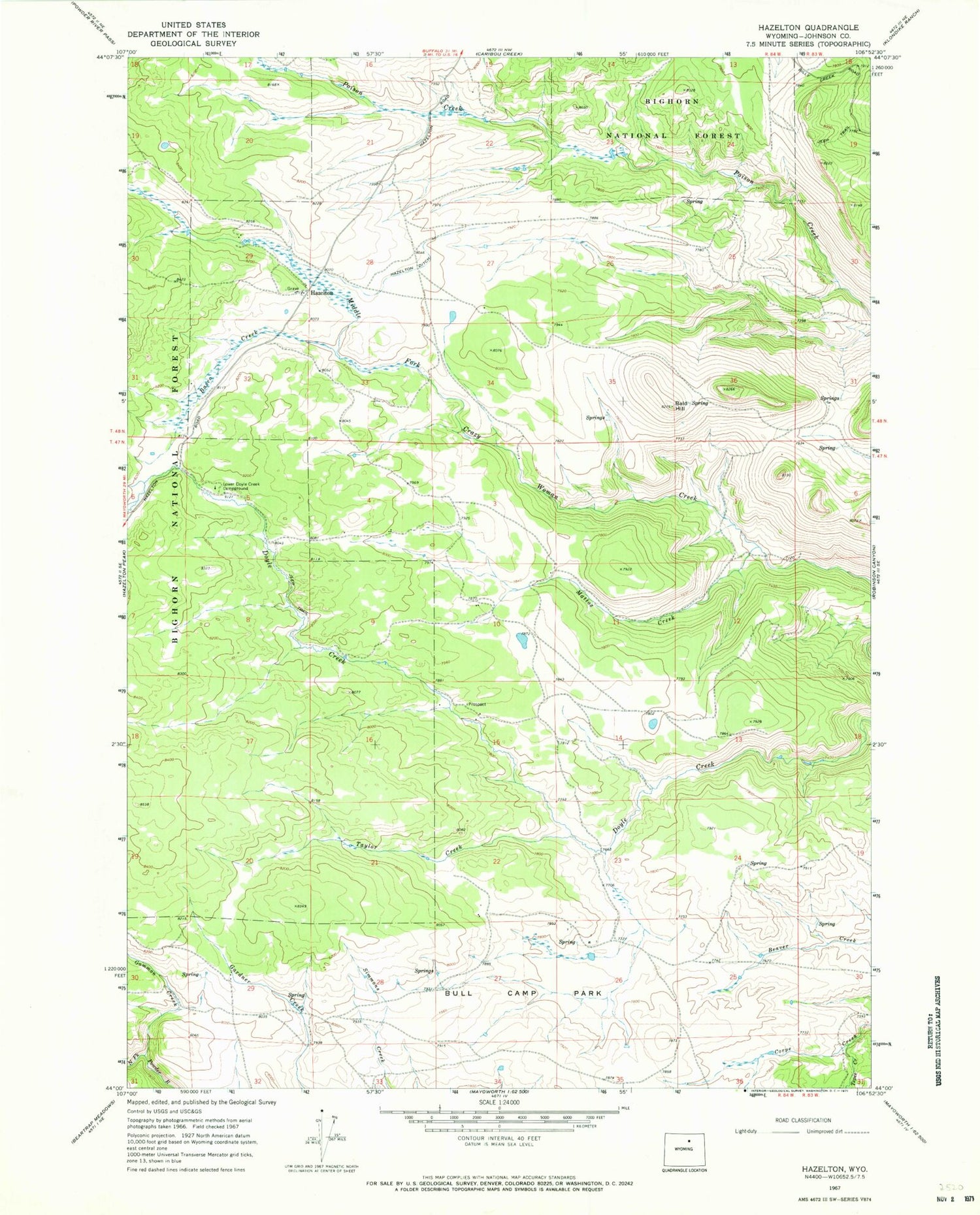 Classic USGS Hazelton Wyoming 7.5'x7.5' Topo Map Image