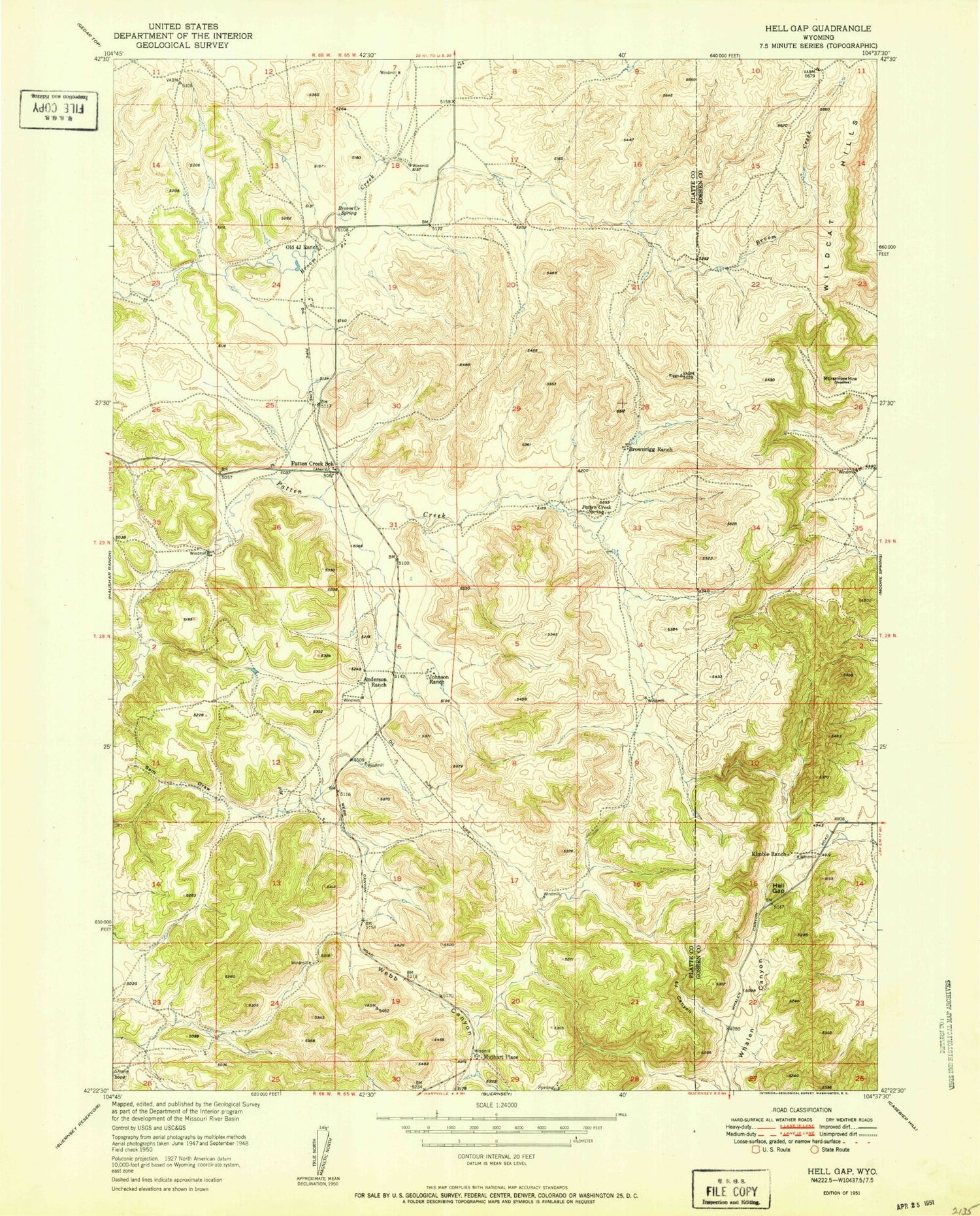Classic USGS Hell Gap Wyoming 7.5'x7.5' Topo Map Image