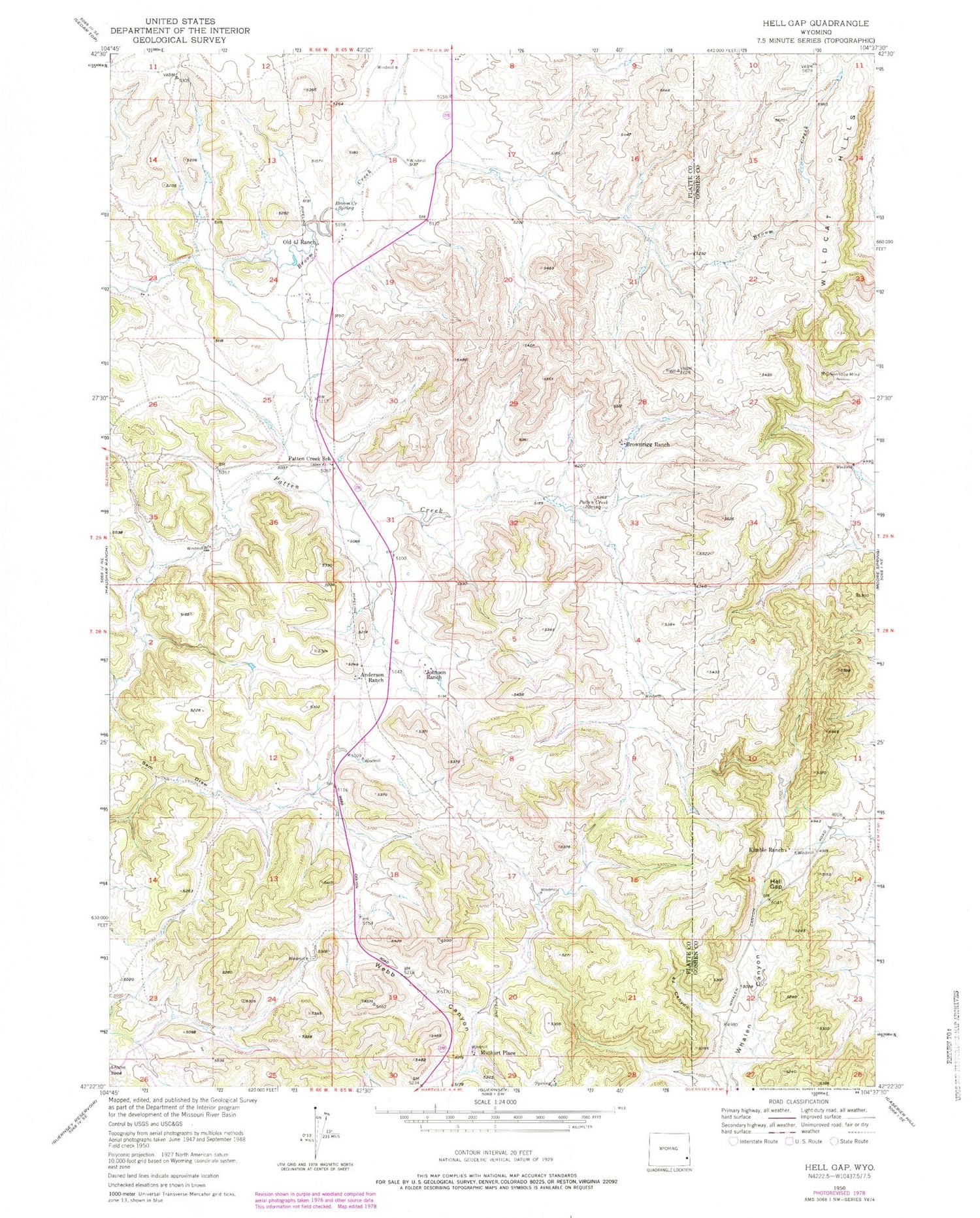 Classic USGS Hell Gap Wyoming 7.5'x7.5' Topo Map Image