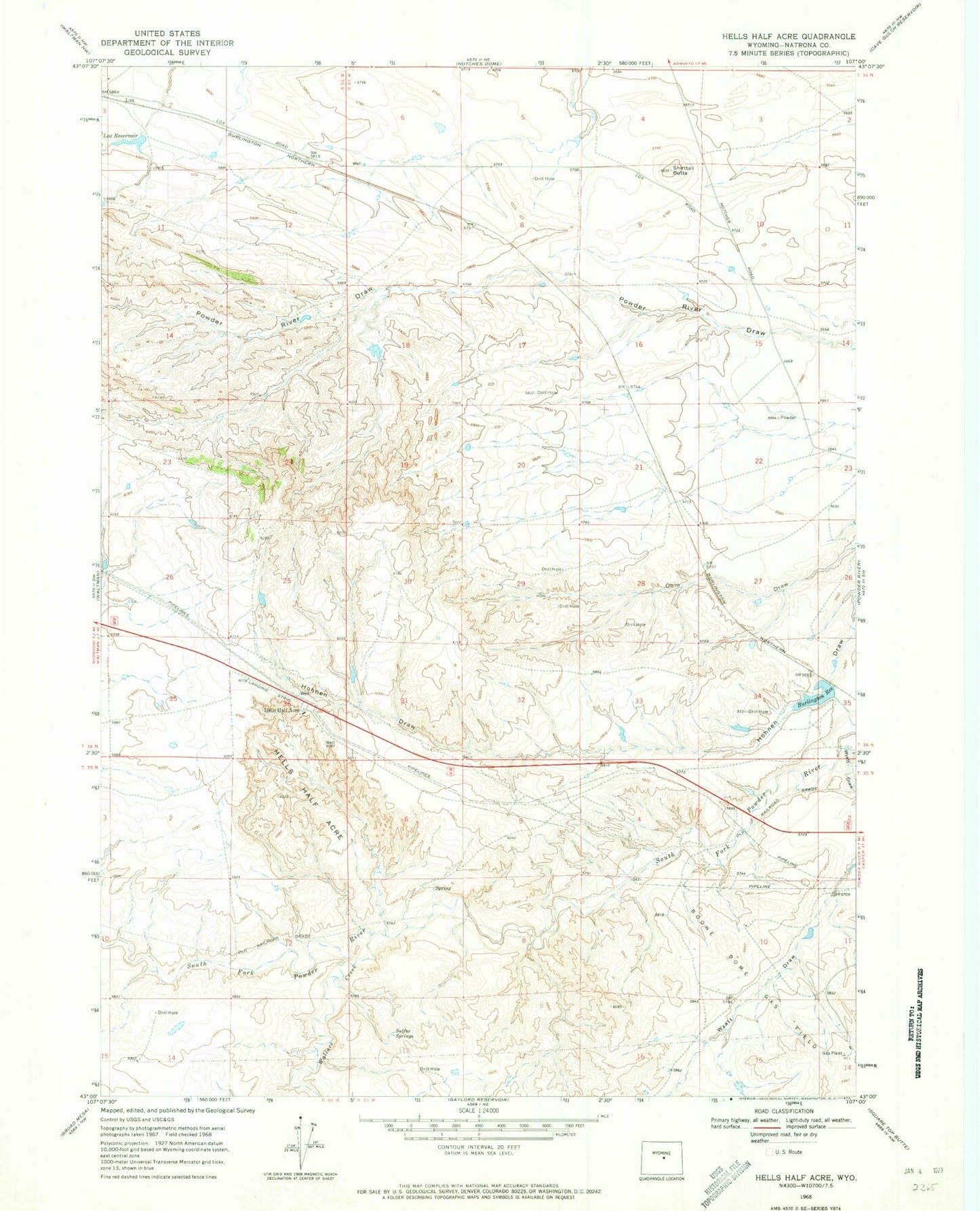 Classic USGS Hells Half Acre Wyoming 7.5'x7.5' Topo Map Image