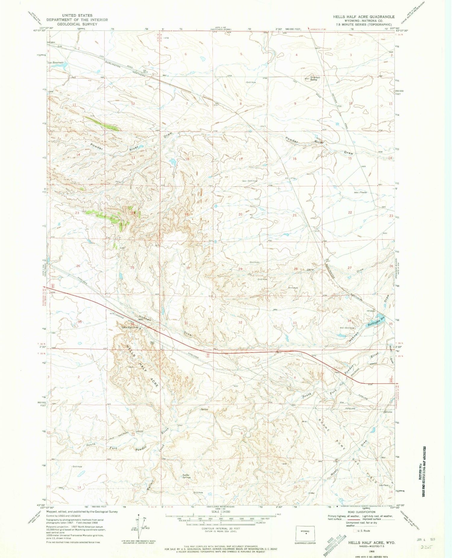 Classic USGS Hells Half Acre Wyoming 7.5'x7.5' Topo Map Image