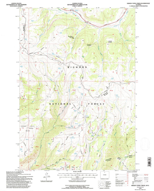 Classic USGS Hidden Tepee Creek Wyoming 7.5'x7.5' Topo Map Image