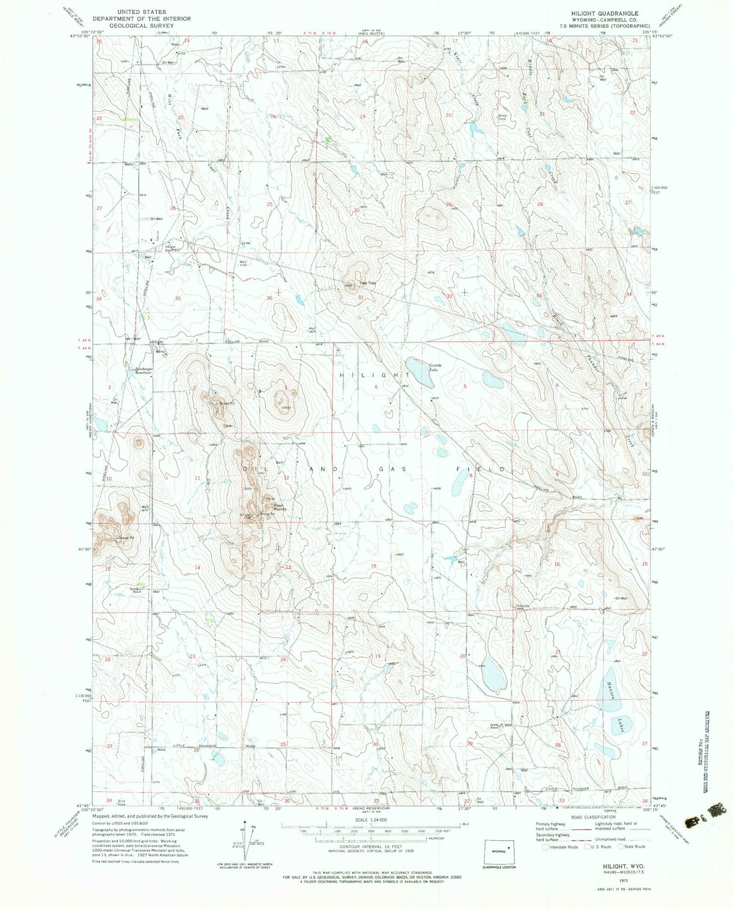 Classic USGS Hilight Wyoming 7.5'x7.5' Topo Map Image