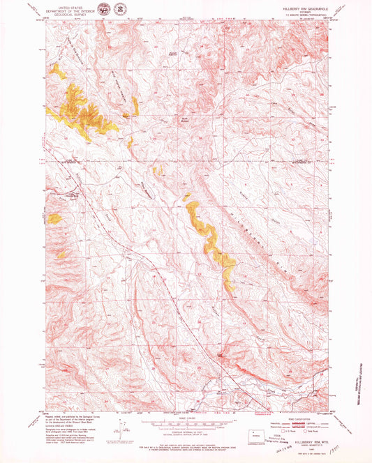 Classic USGS Hillberry Rim Wyoming 7.5'x7.5' Topo Map Image
