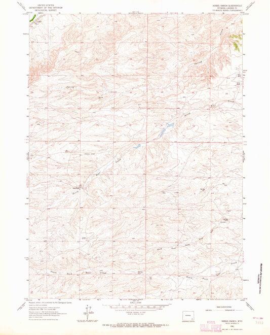 Classic USGS Hirsig Ranch Wyoming 7.5'x7.5' Topo Map Image