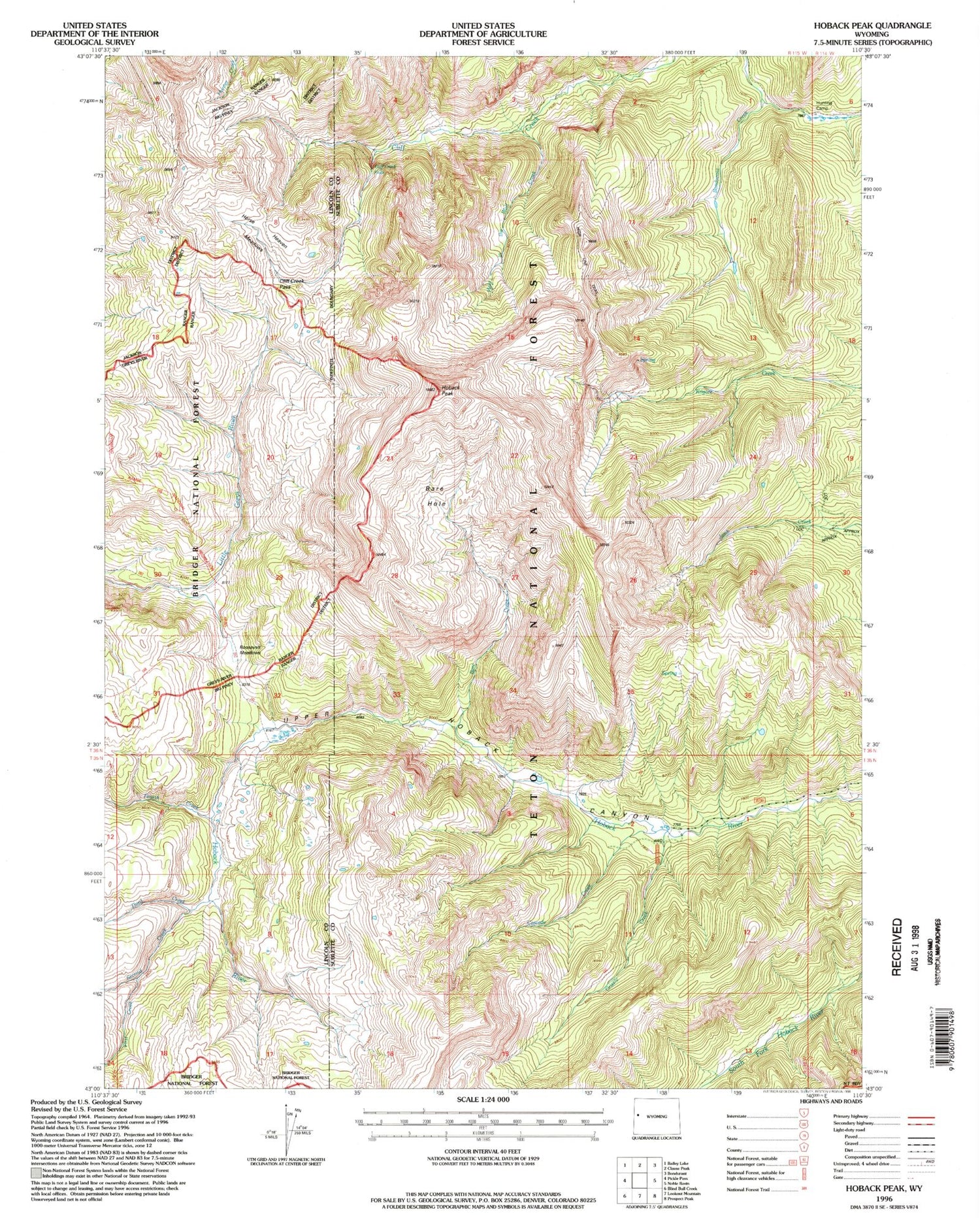 USGS Classic Hoback Peak Wyoming 7.5'x7.5' Topo Map Image