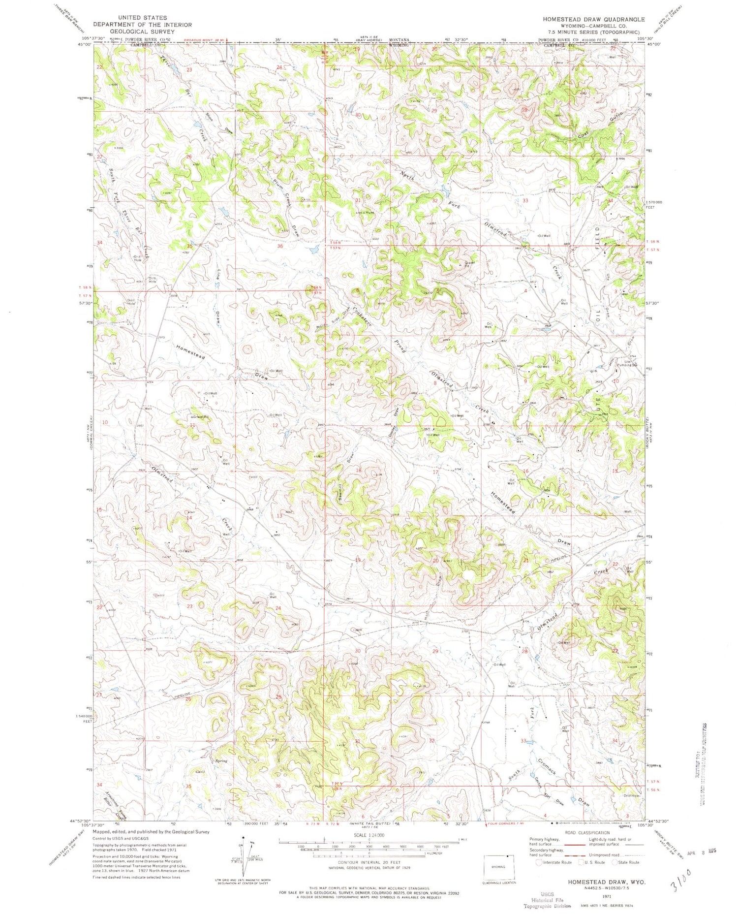 Classic USGS Homestead Draw Wyoming 7.5'x7.5' Topo Map Image
