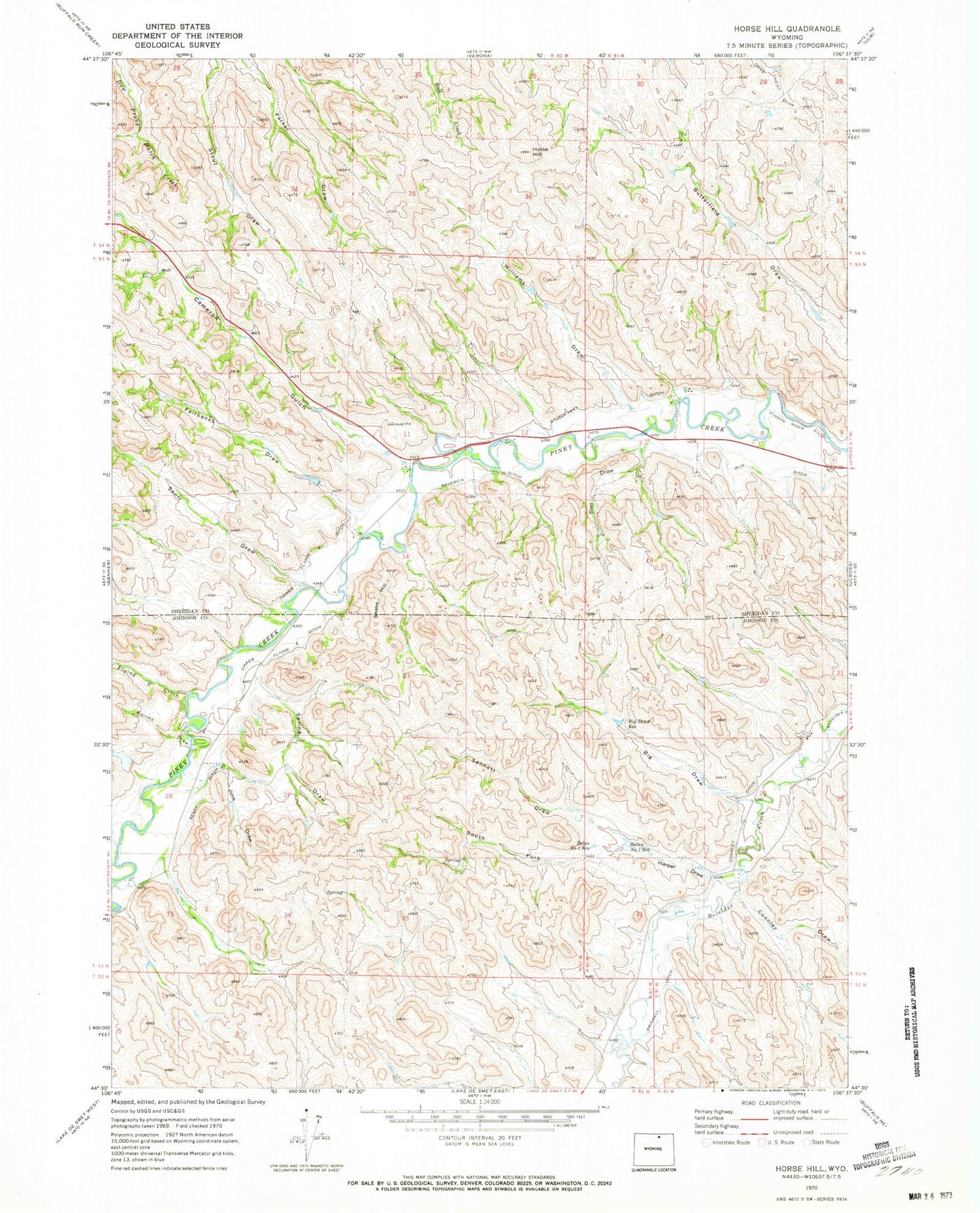 Classic USGS Horse Hill Wyoming 7.5'x7.5' Topo Map Image