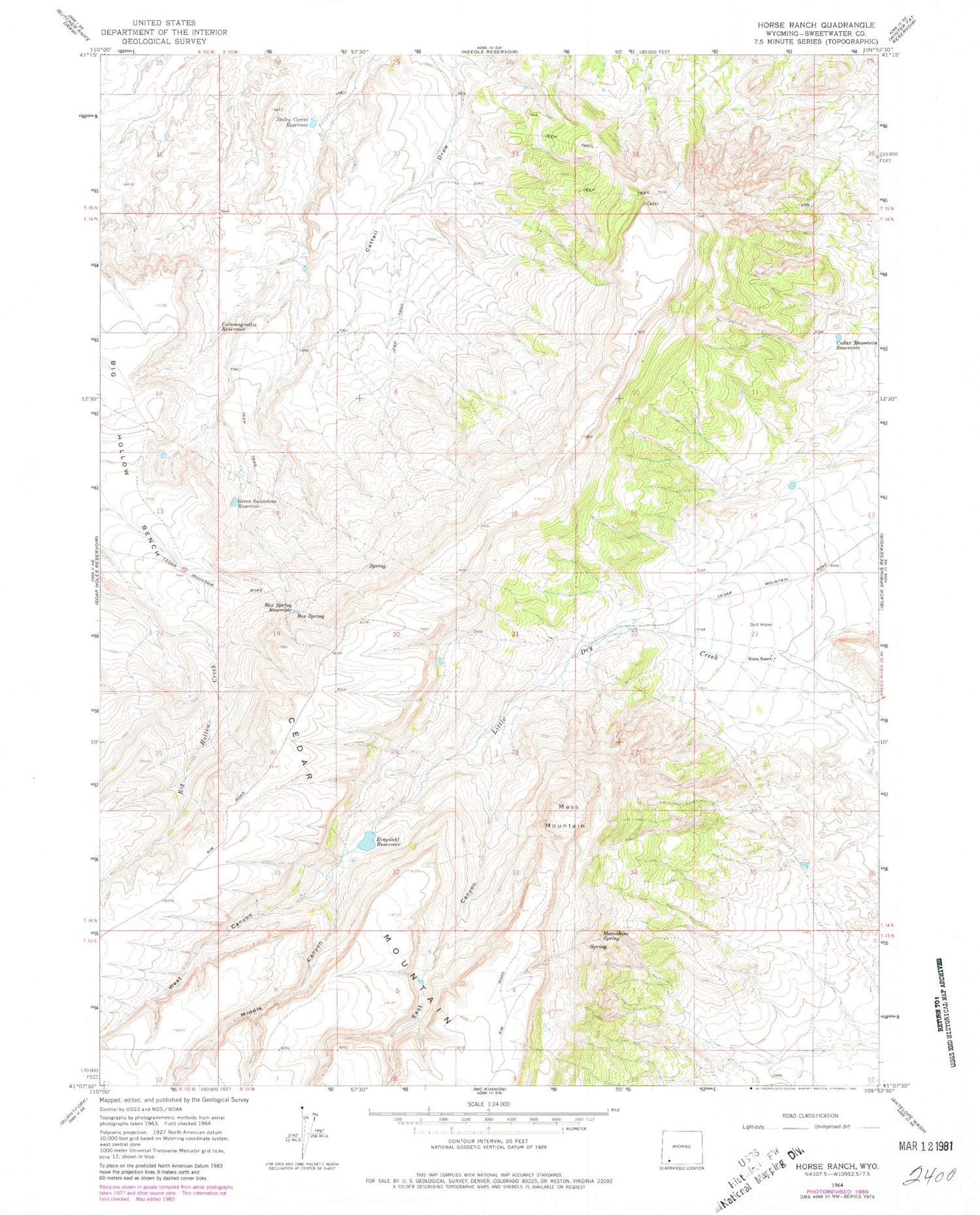 Classic USGS Horse Ranch Wyoming 7.5'x7.5' Topo Map Image