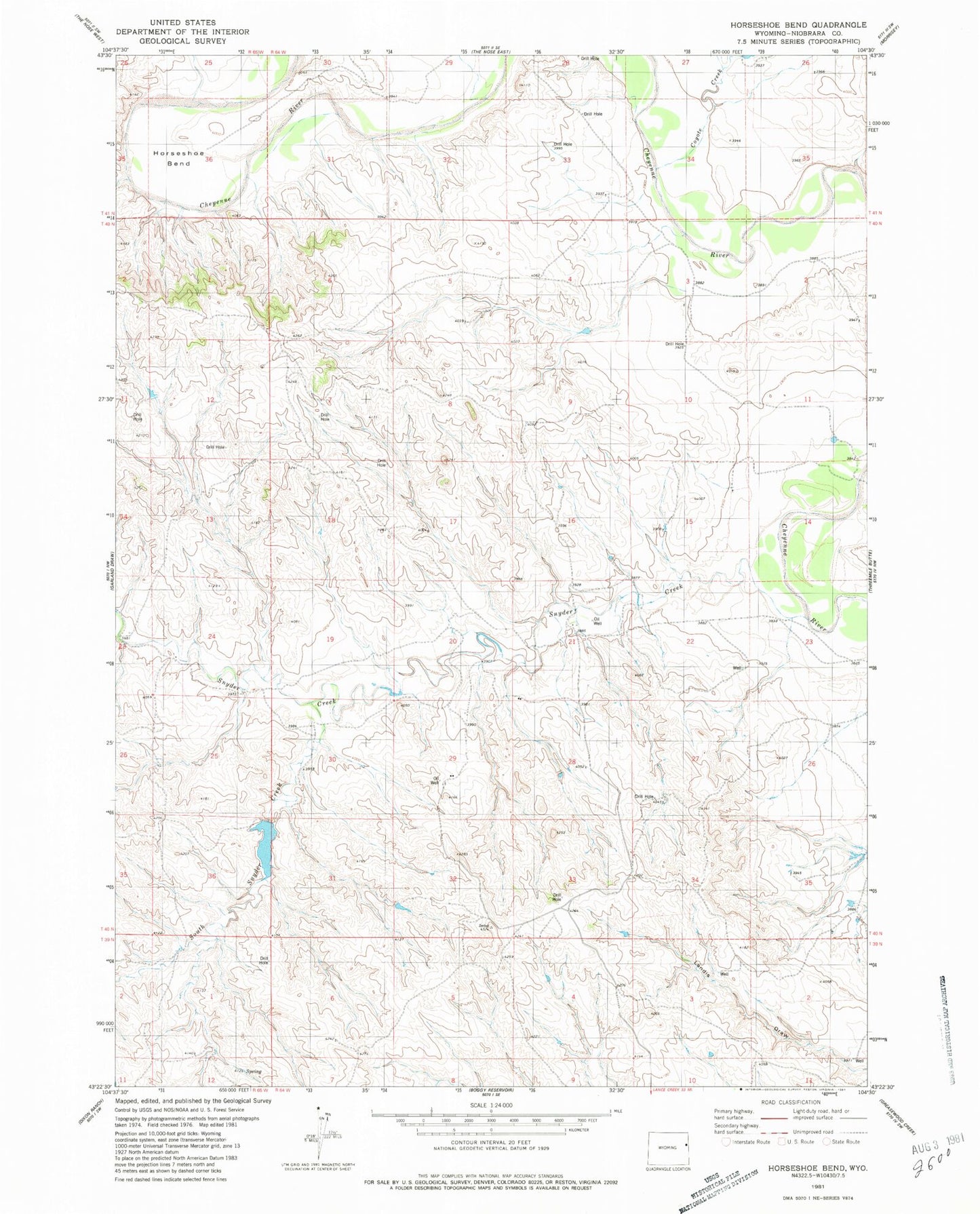 Classic USGS Horseshoe Bend Wyoming 7.5'x7.5' Topo Map Image