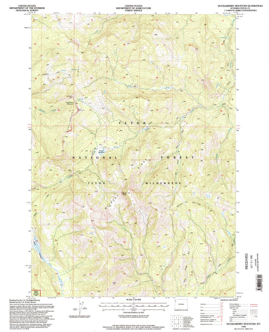 Classic USGS Huckleberry Mountain Wyoming 7.5'x7.5' Topo Map Image