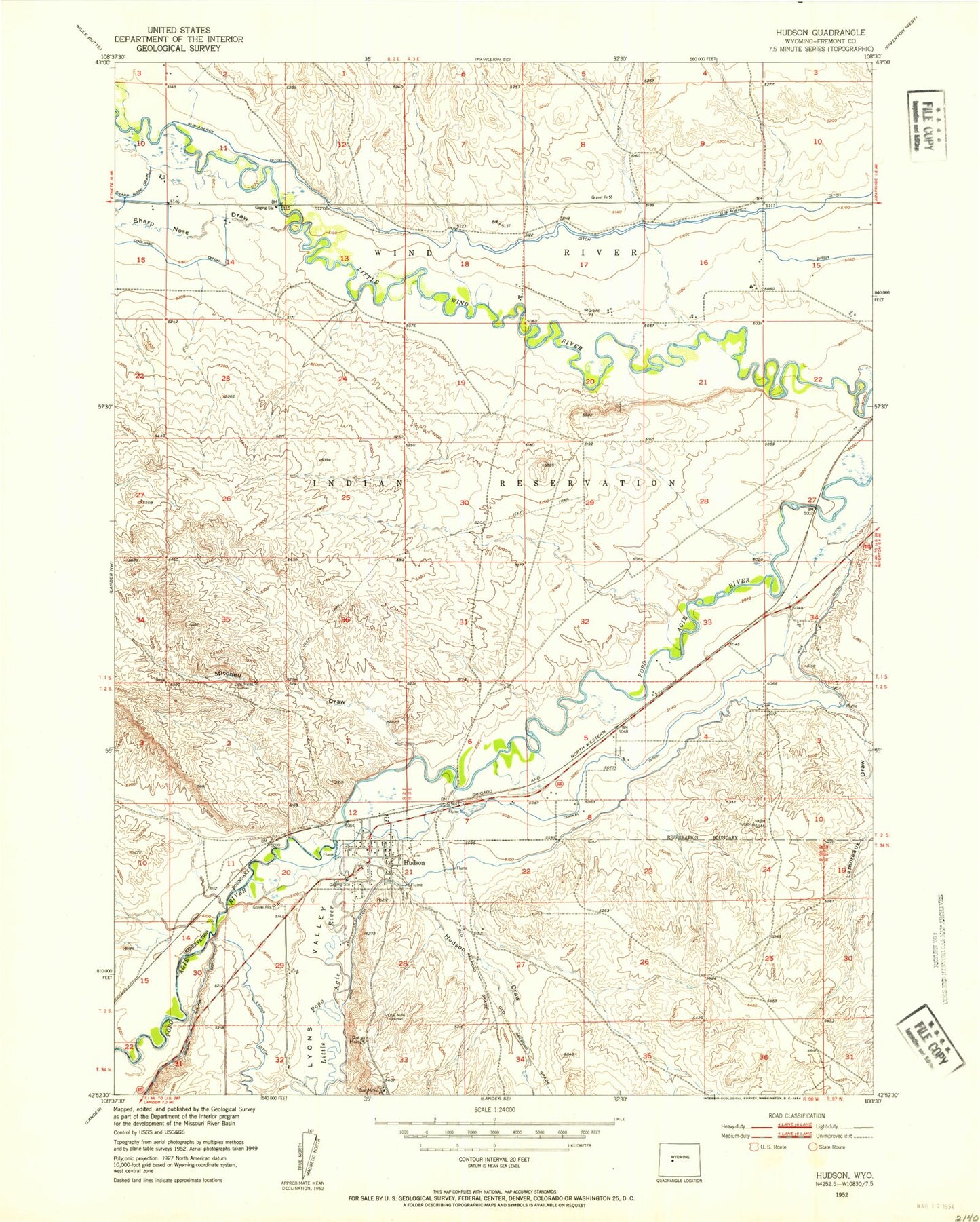 Classic USGS Hudson Wyoming 7.5'x7.5' Topo Map Image