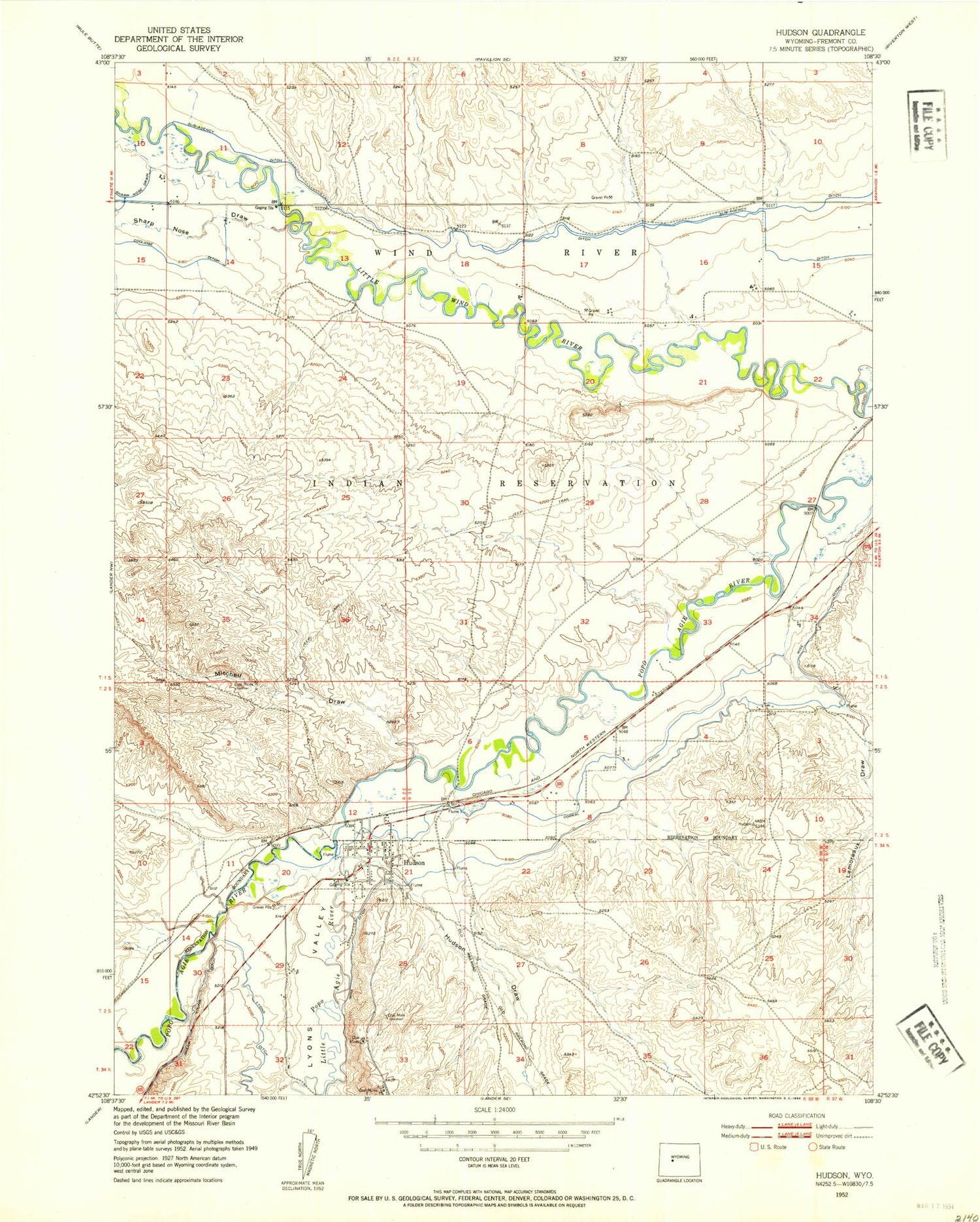 Classic USGS Hudson Wyoming 7.5'x7.5' Topo Map Image