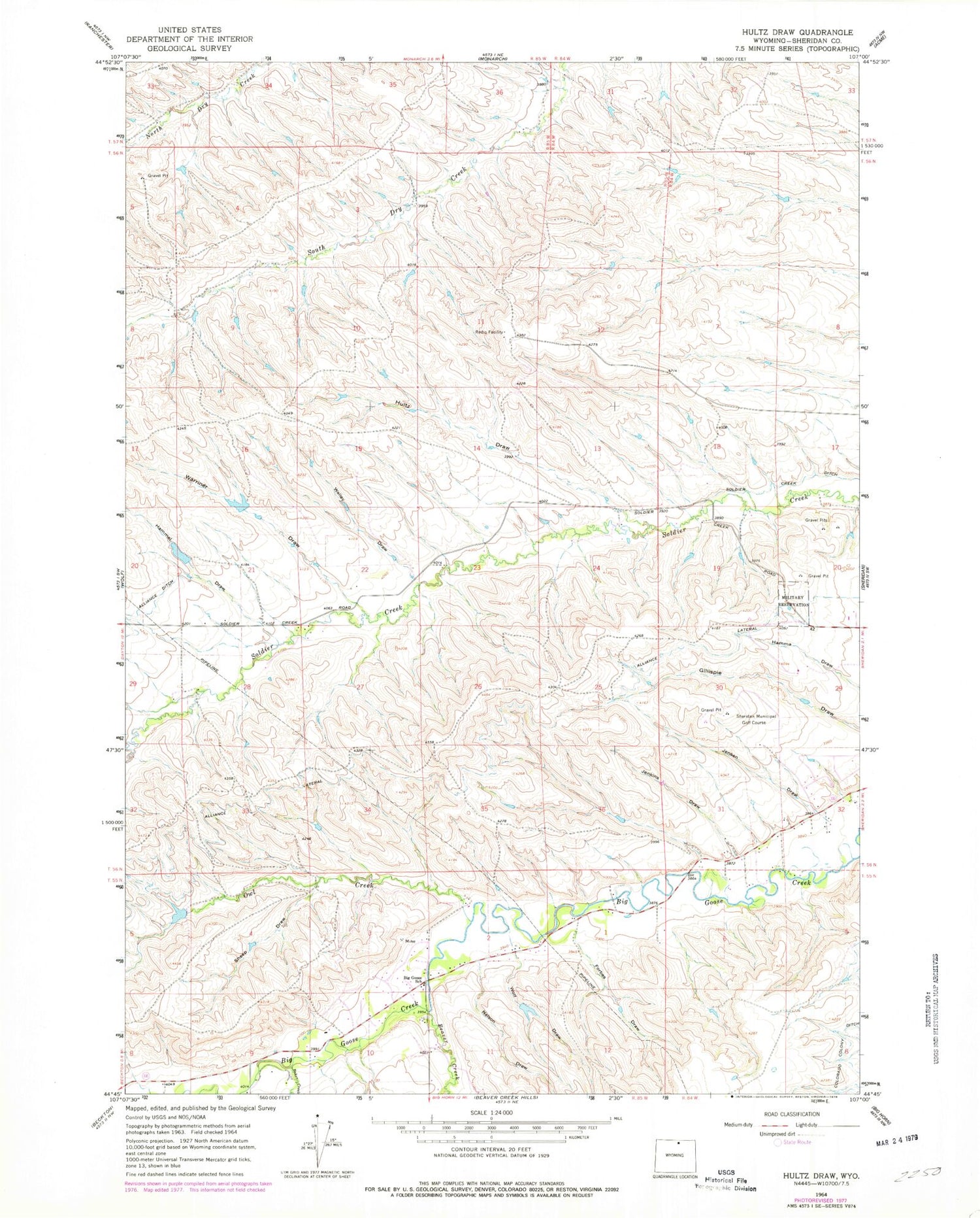 Classic USGS Hultz Draw Wyoming 7.5'x7.5' Topo Map Image