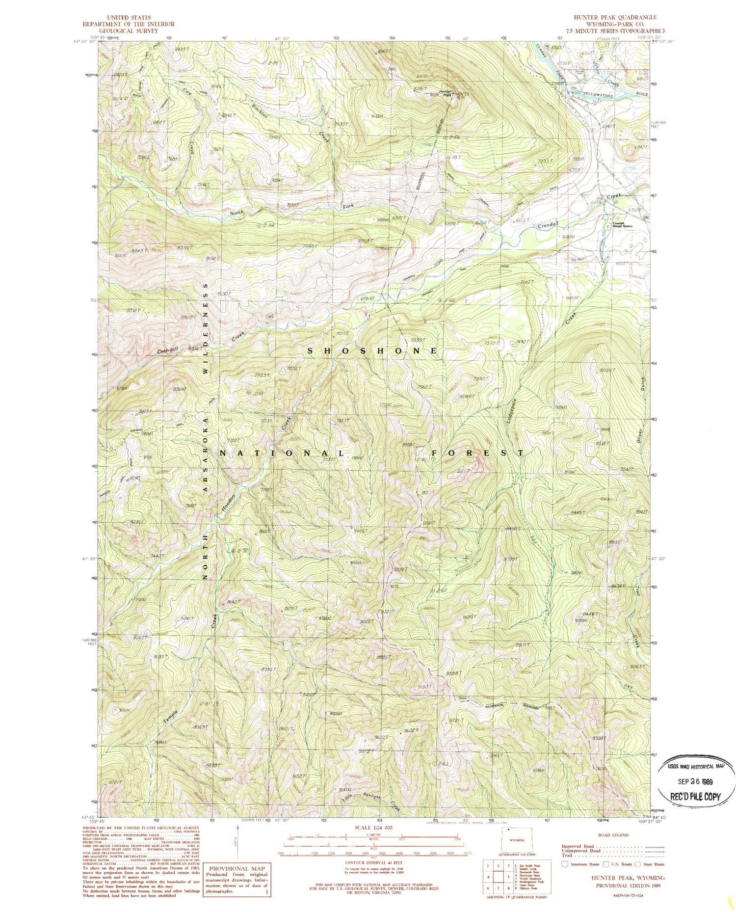 Classic USGS Hunter Peak Wyoming 7.5'x7.5' Topo Map Image